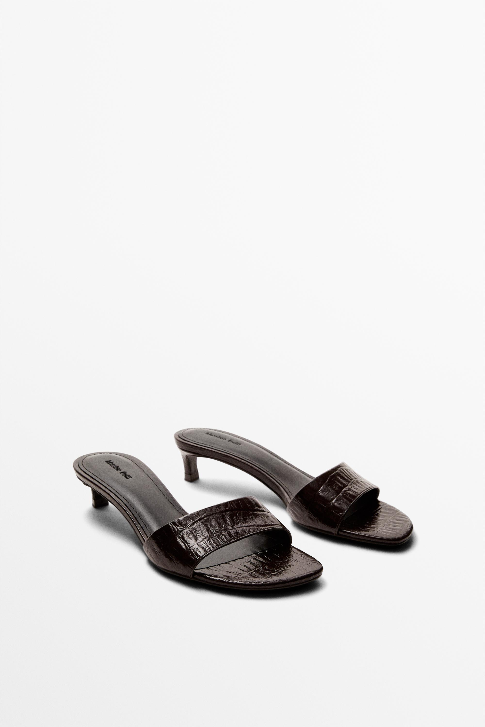 High-heel sandals in embossed leather — BROWN