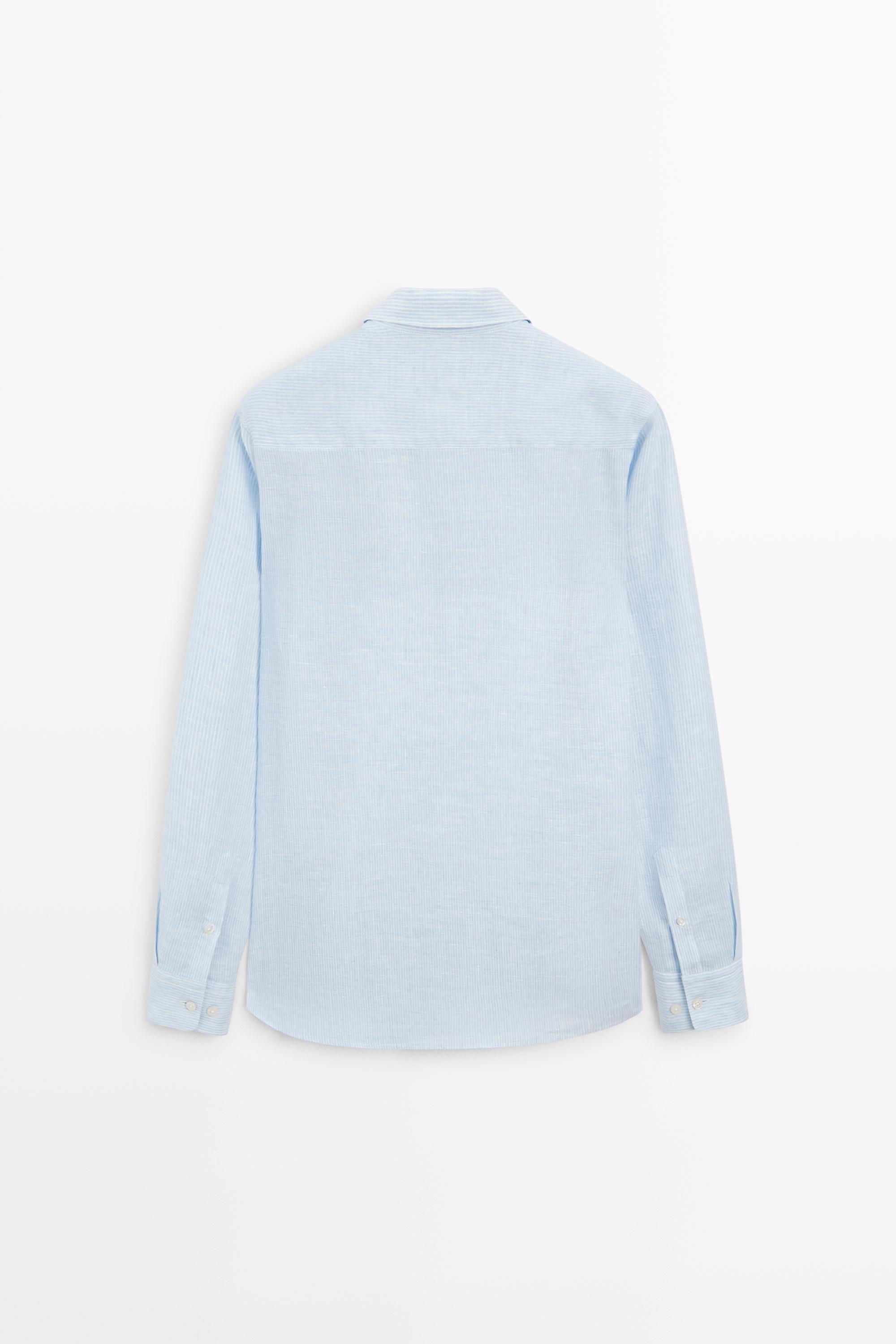 Regular fit striped melange linen shirt — SKY BLUE