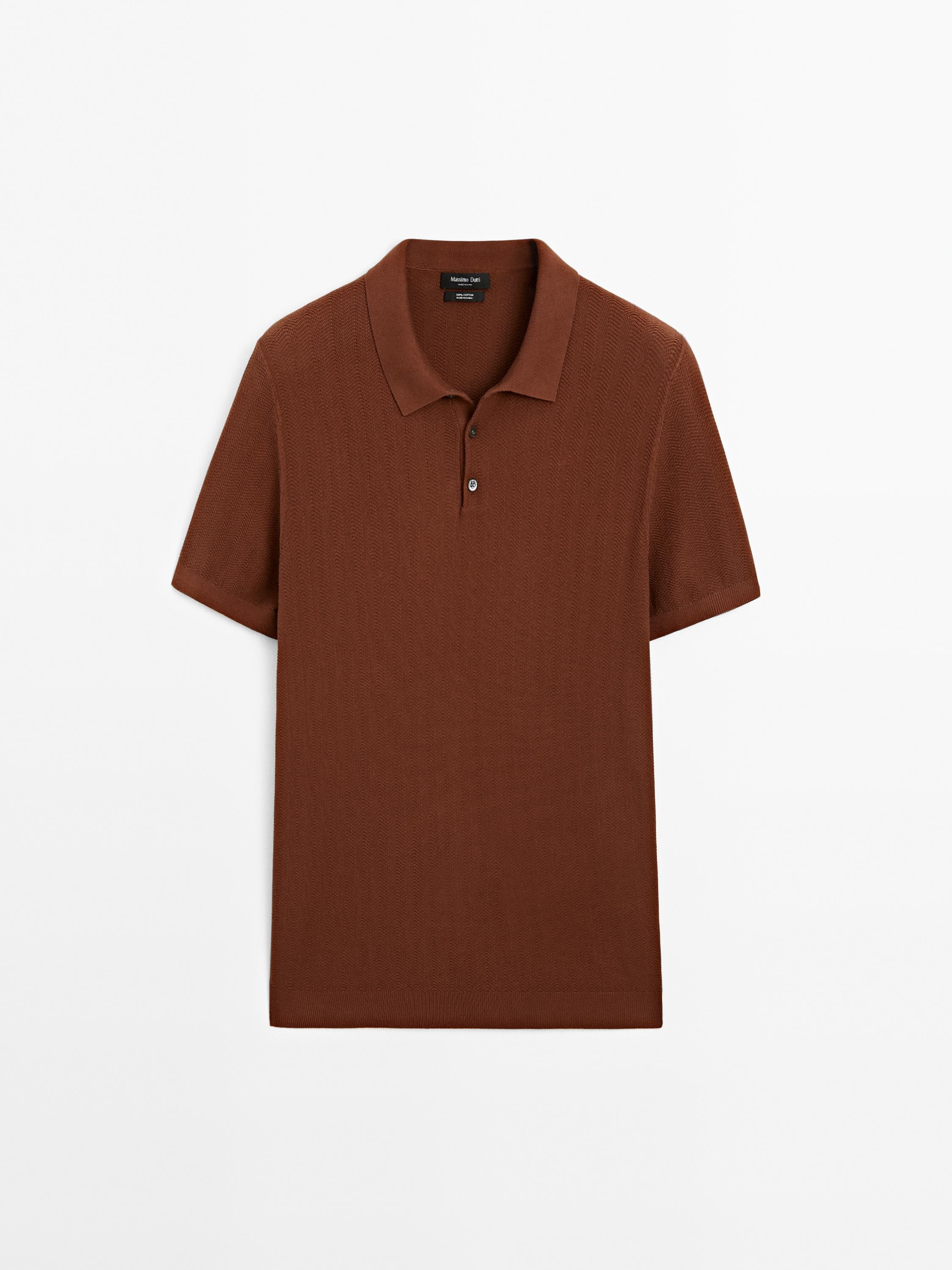 Cotton herringbone knit polo sweater
