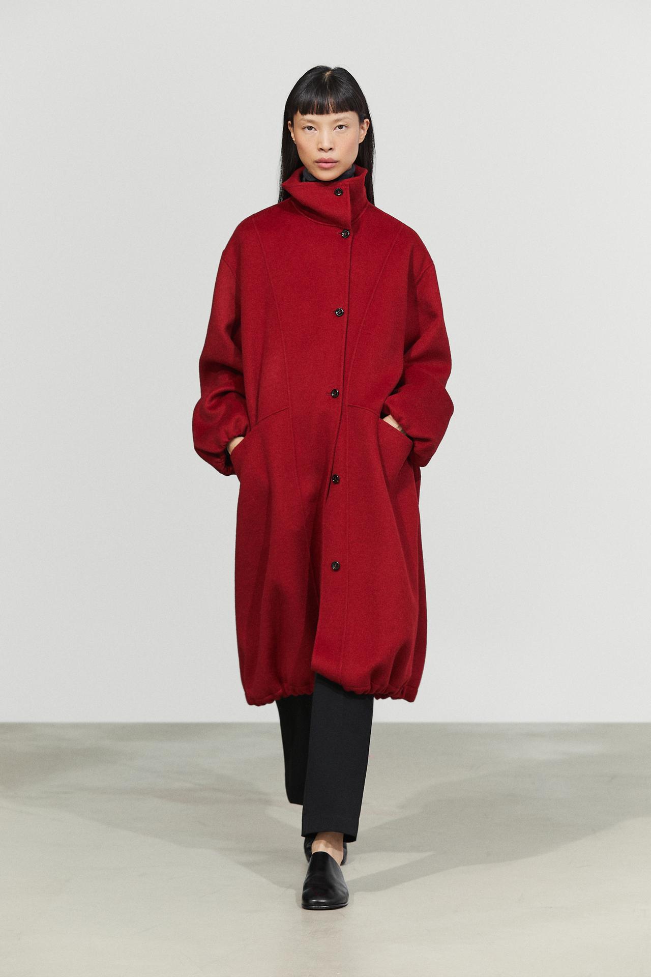 Long coat with asymmetrical collar detail — RED