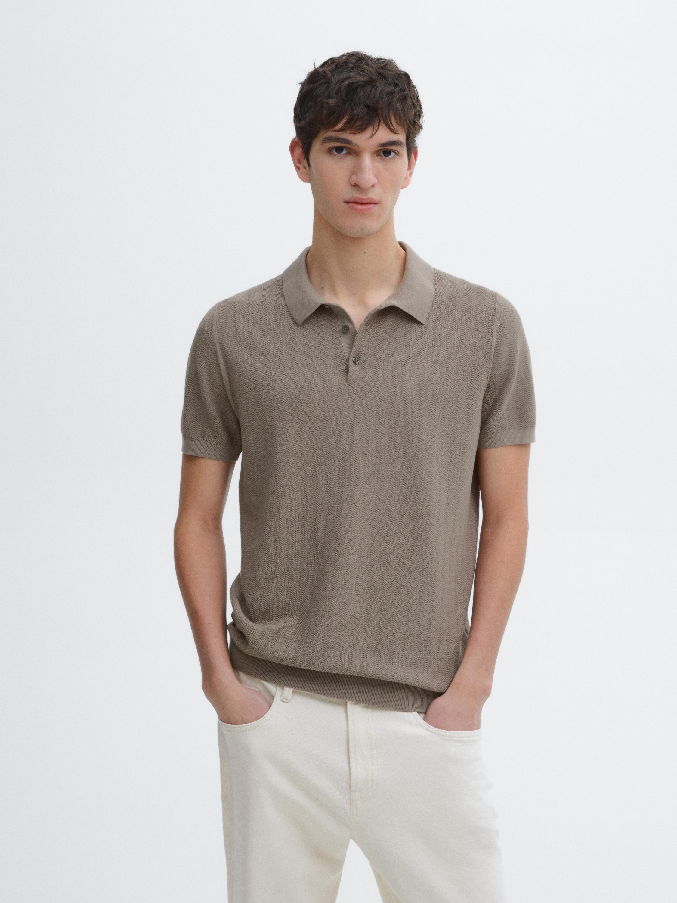 Cotton herringbone knit polo sweater