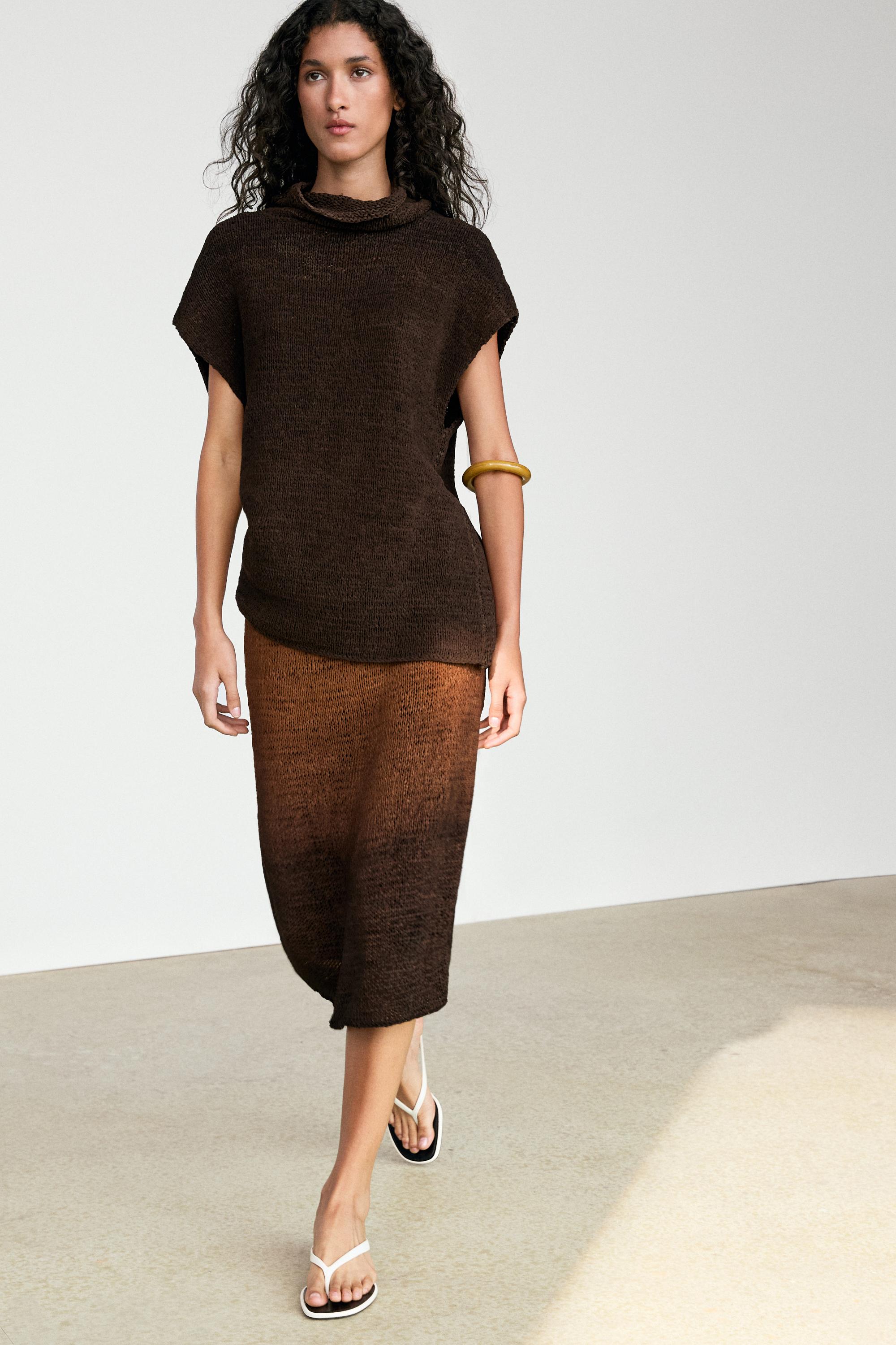 Suede leather knit top — BROWN
