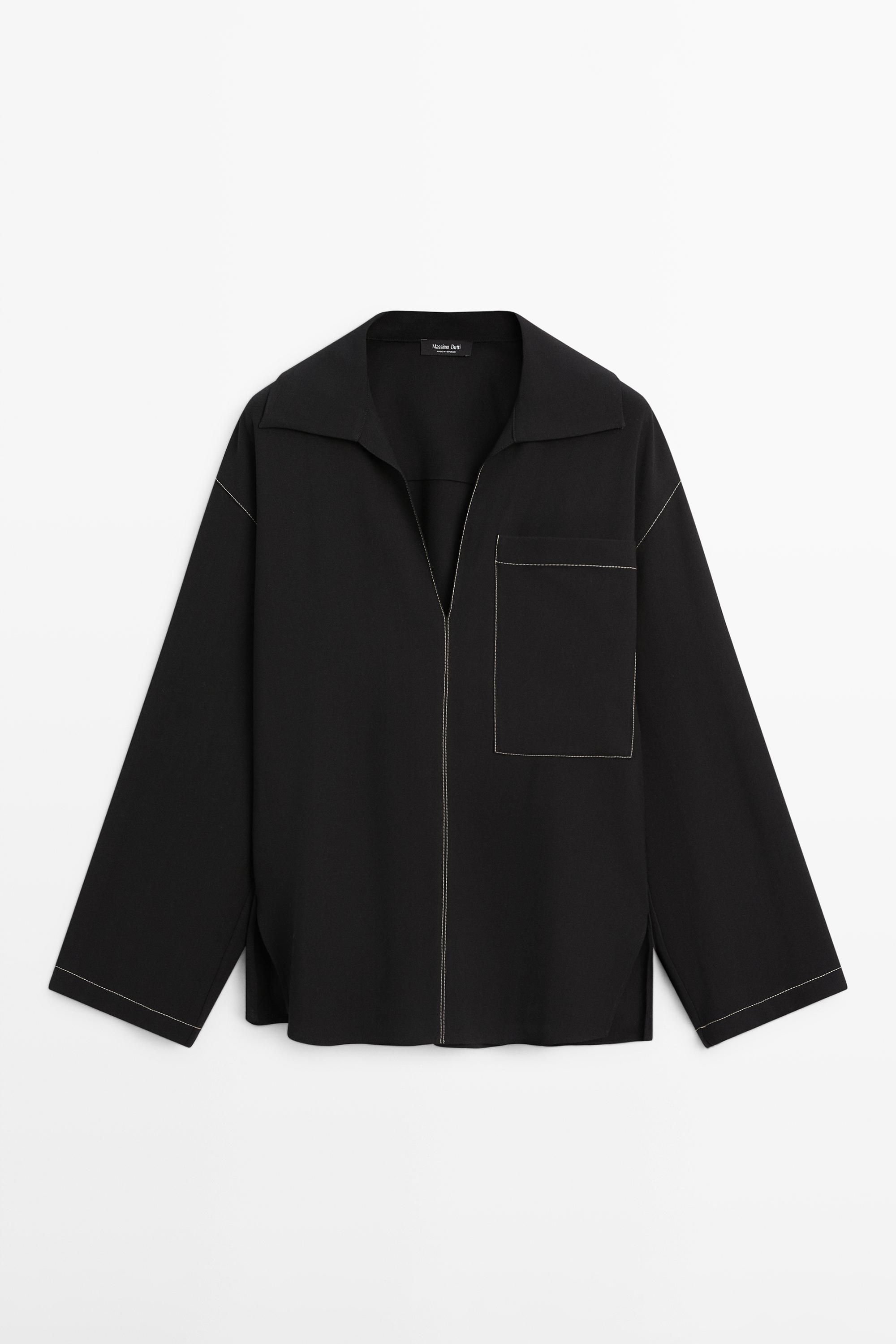 Flowing wool blend overshirt with pocket detail — BLACK