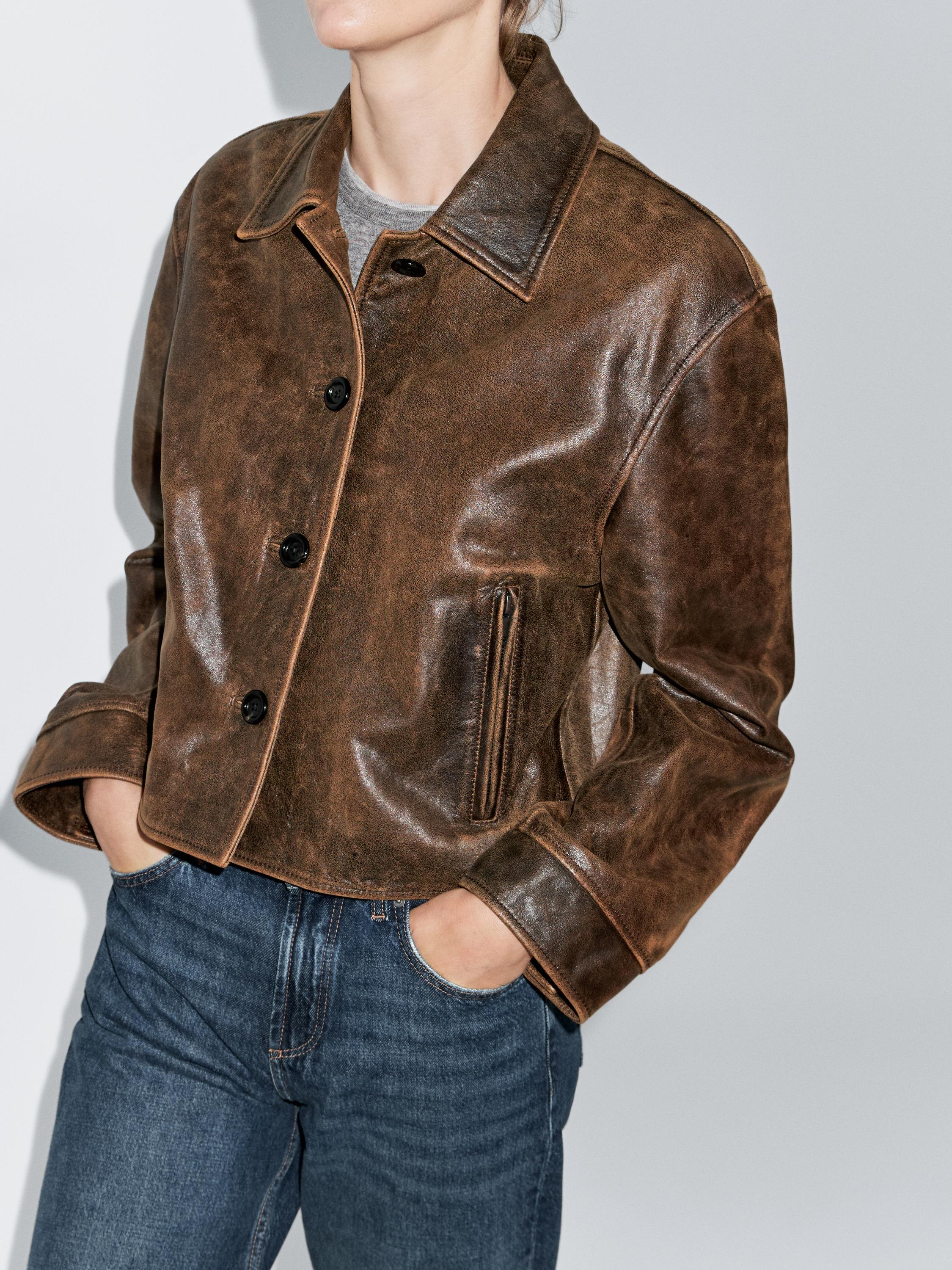 Distressed effect nappa leather cropped jacket