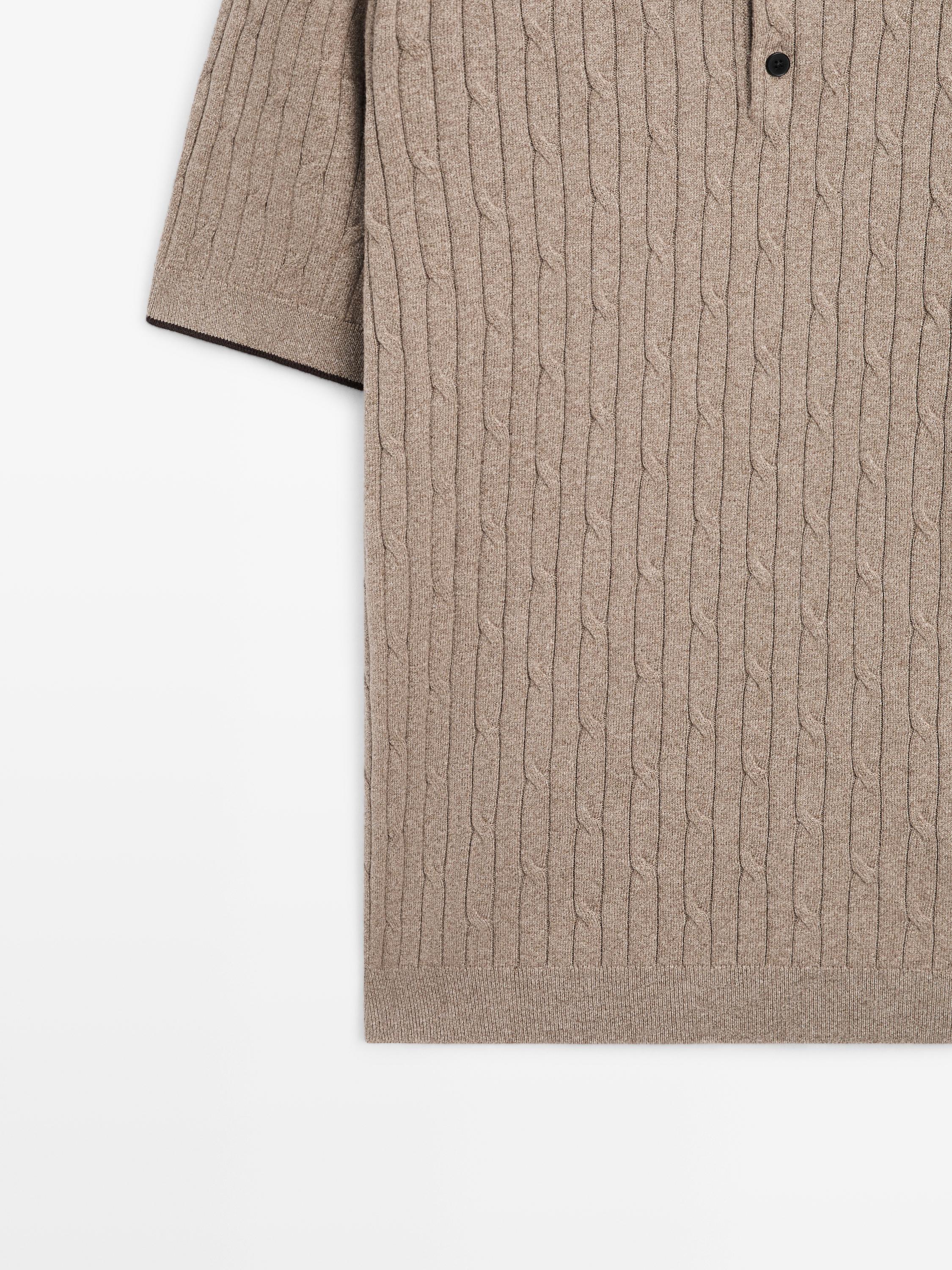 Cotton blend cable-knit polo sweater — Dark beige