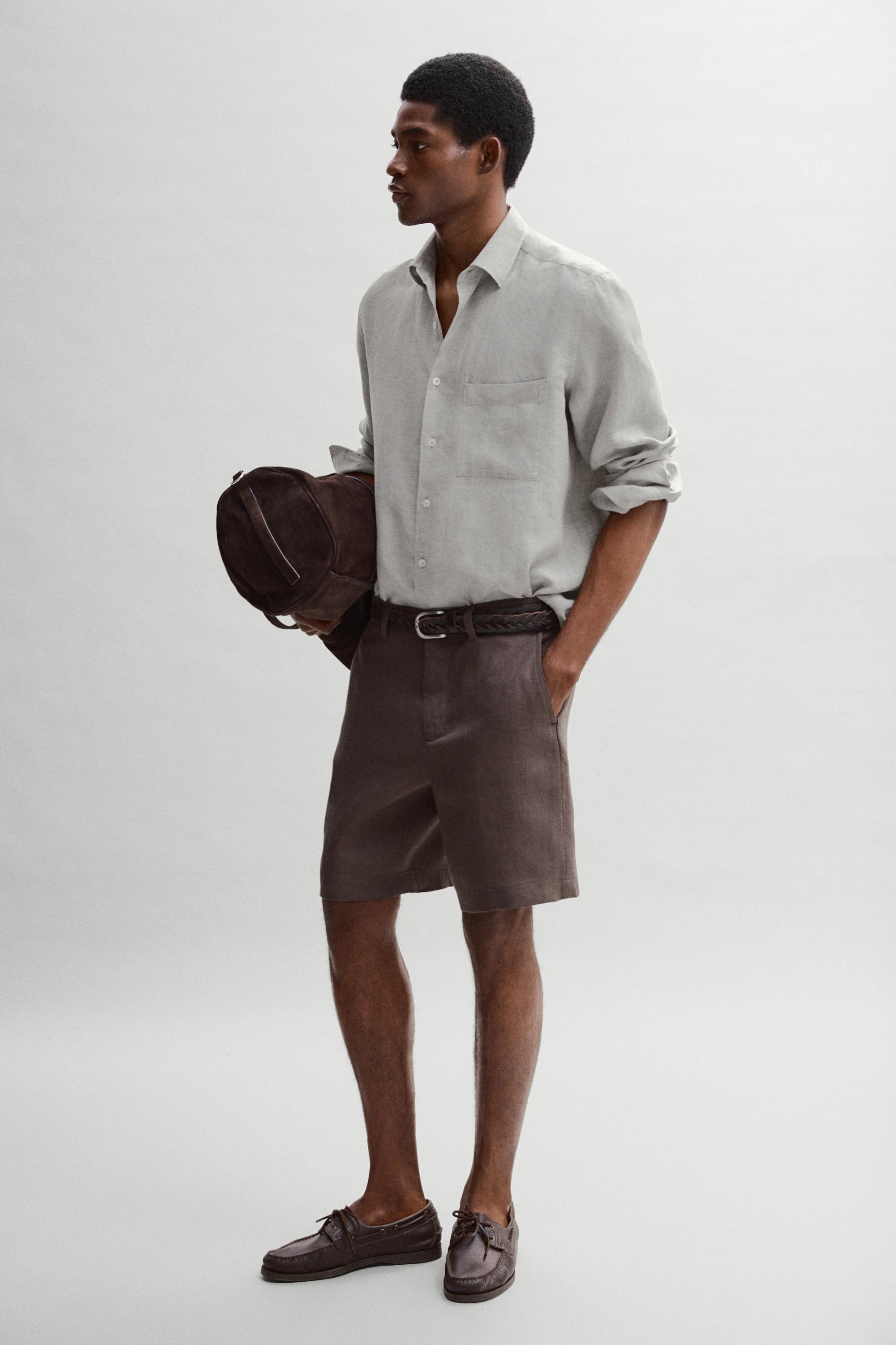 100% linen regular fit shirt with pocket — GREY