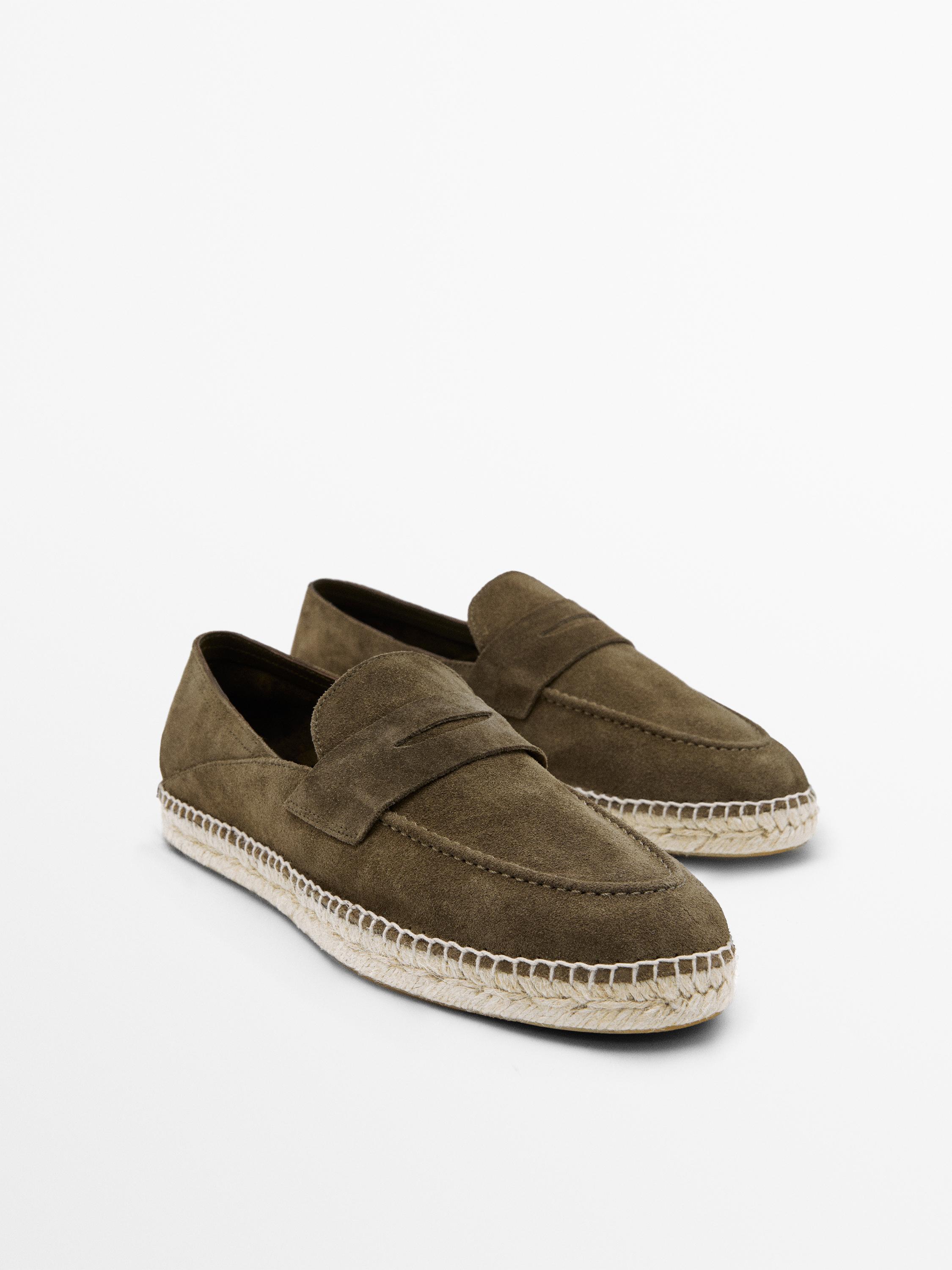Split leather espadrilles with penny strap — KHAKI