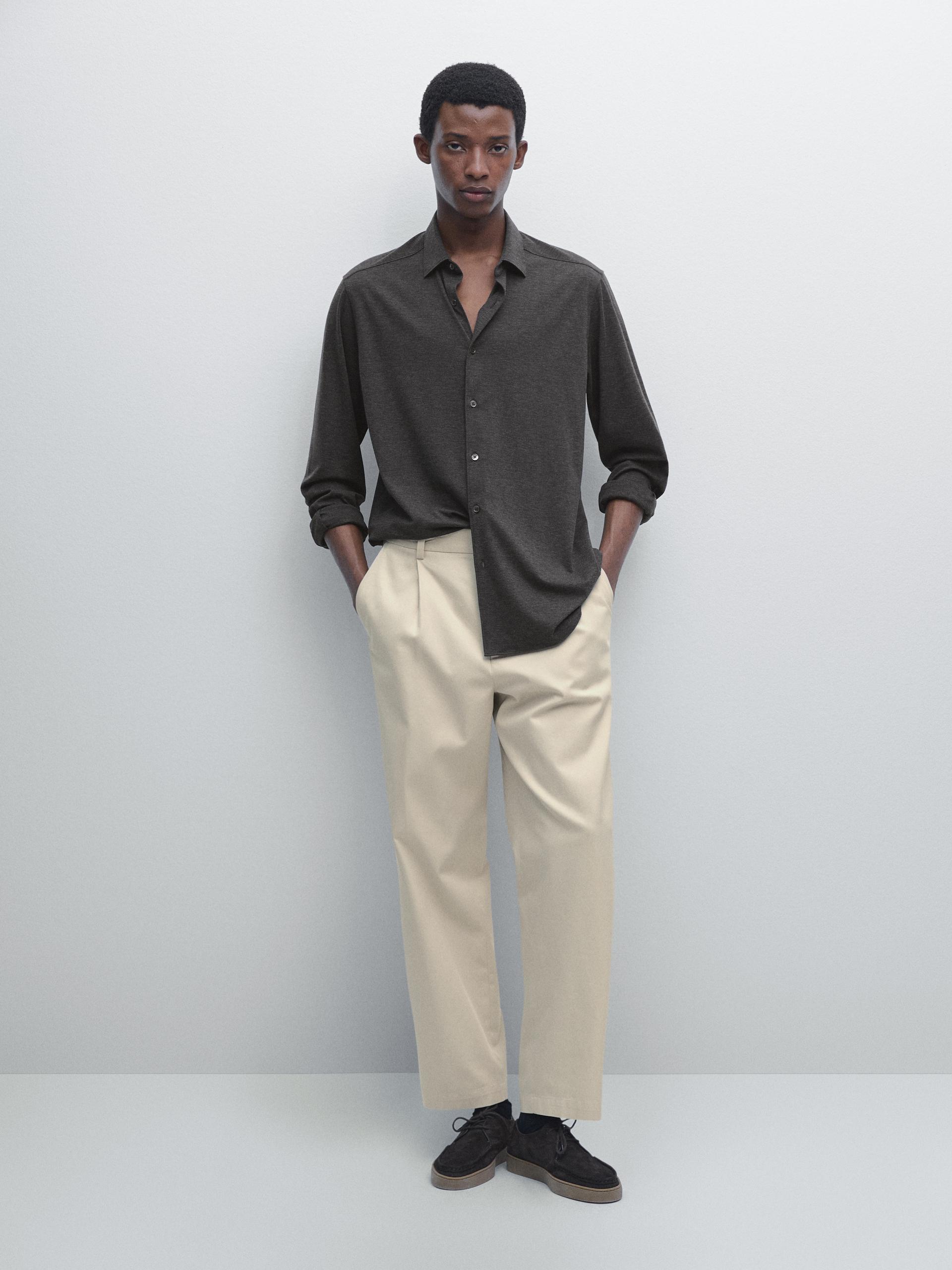 Camisa Stretch Slim Fit - Cinza - L - Massimo Dutti - Homem