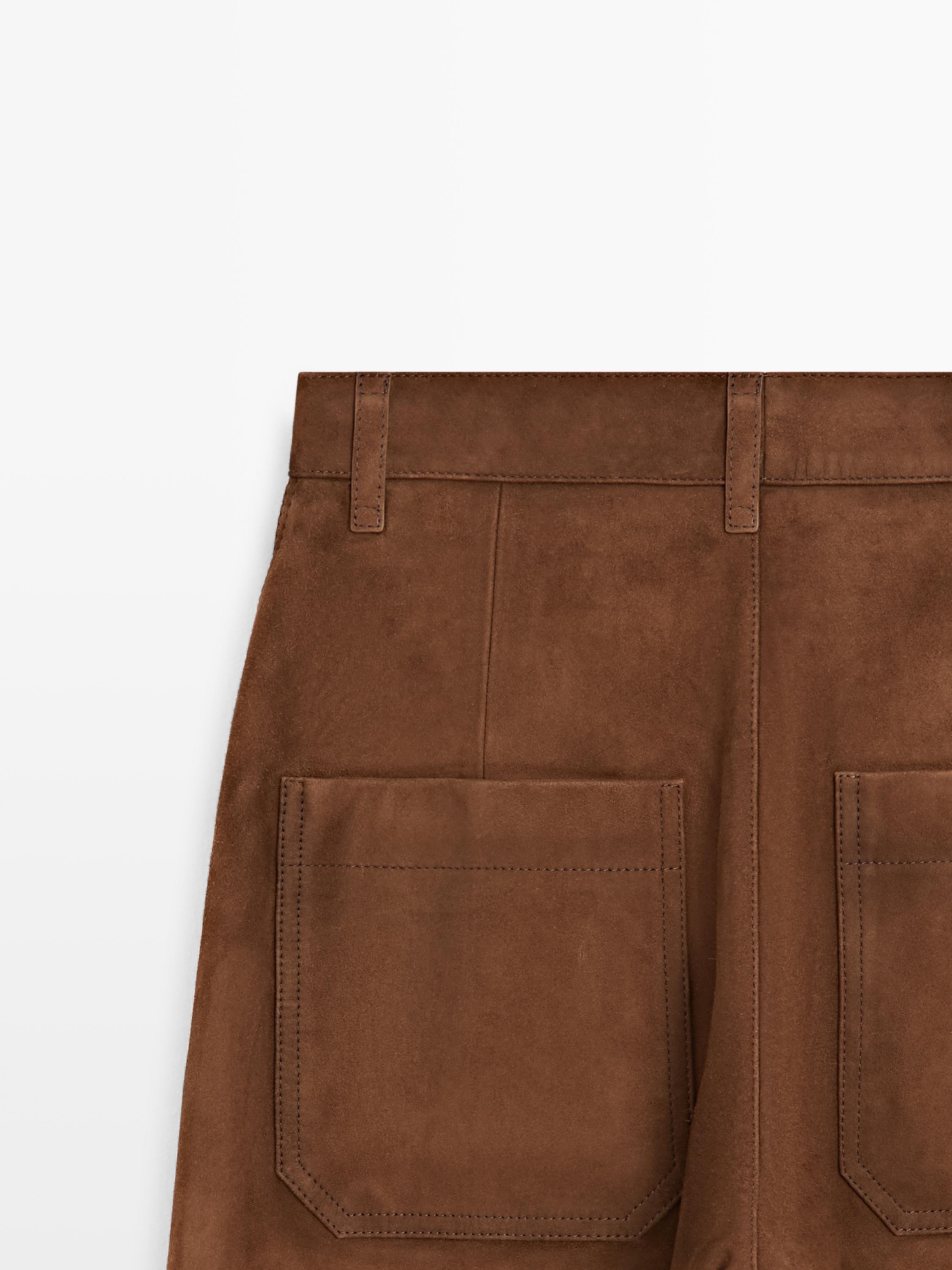 Suede leather wide-leg trousers with pockets — BROWN