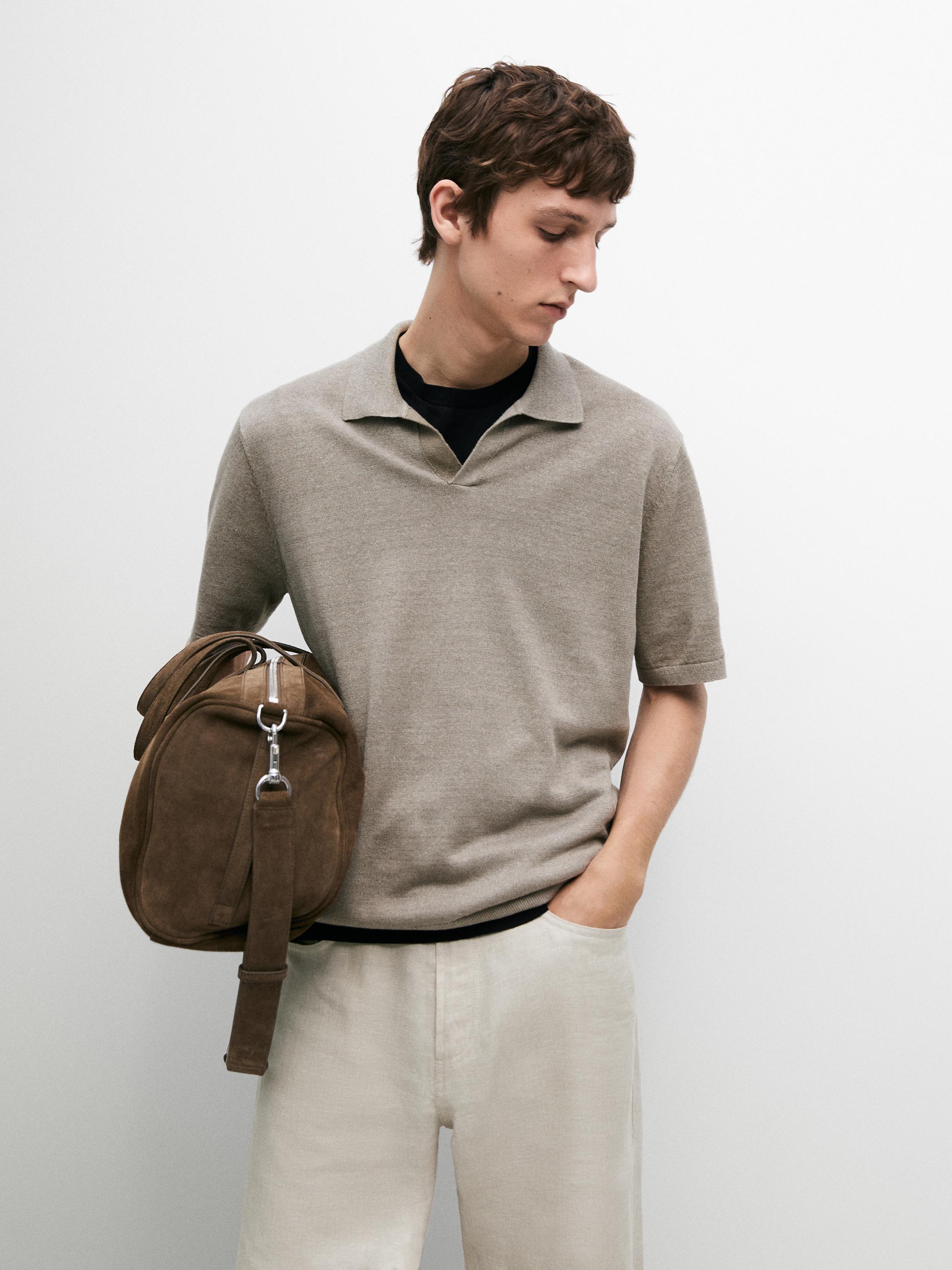 Linen V-neck polo sweater — NATURAL GREY
