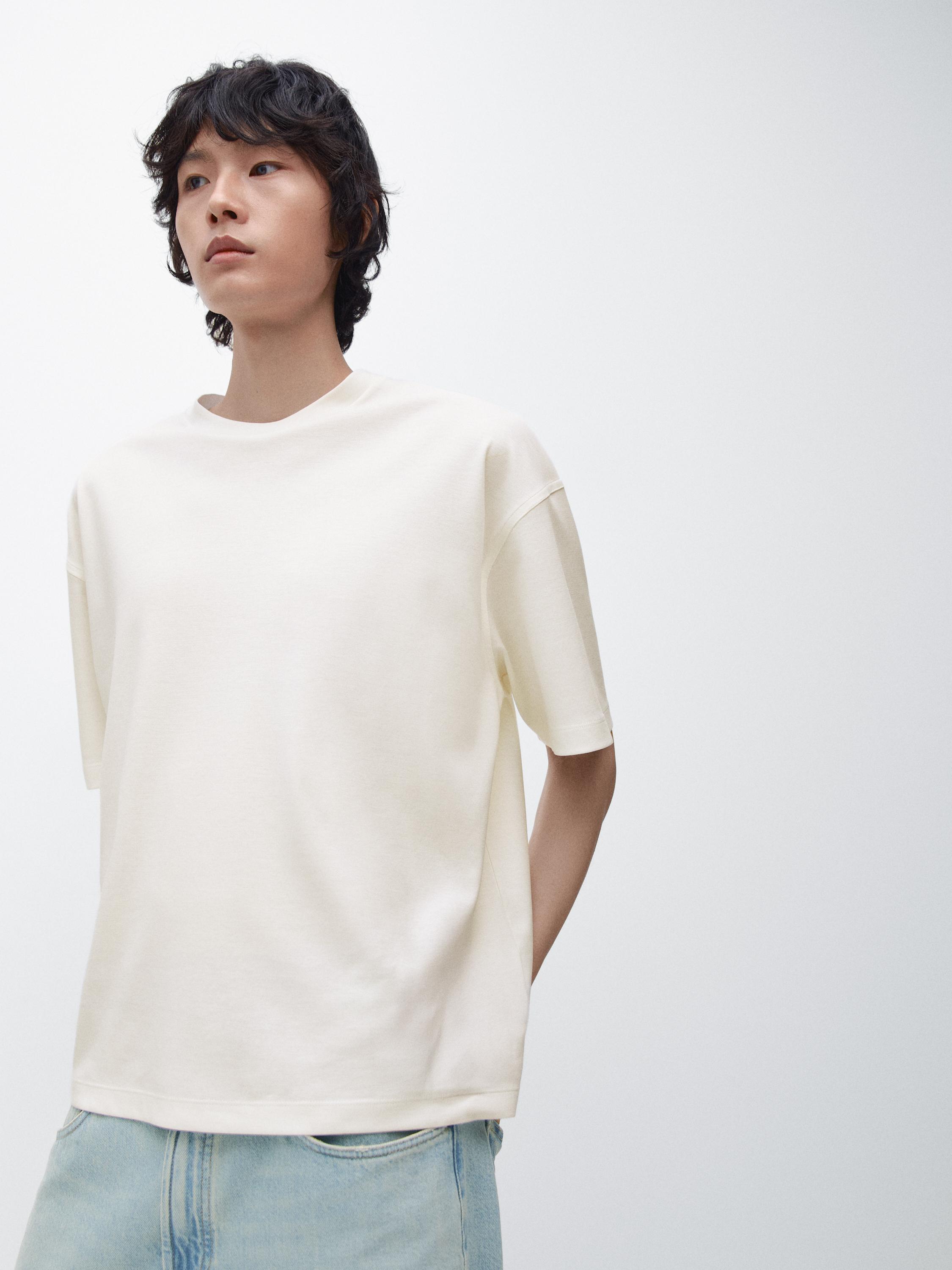 Boxy fit short sleeve cotton blend T-shirt — CREAM