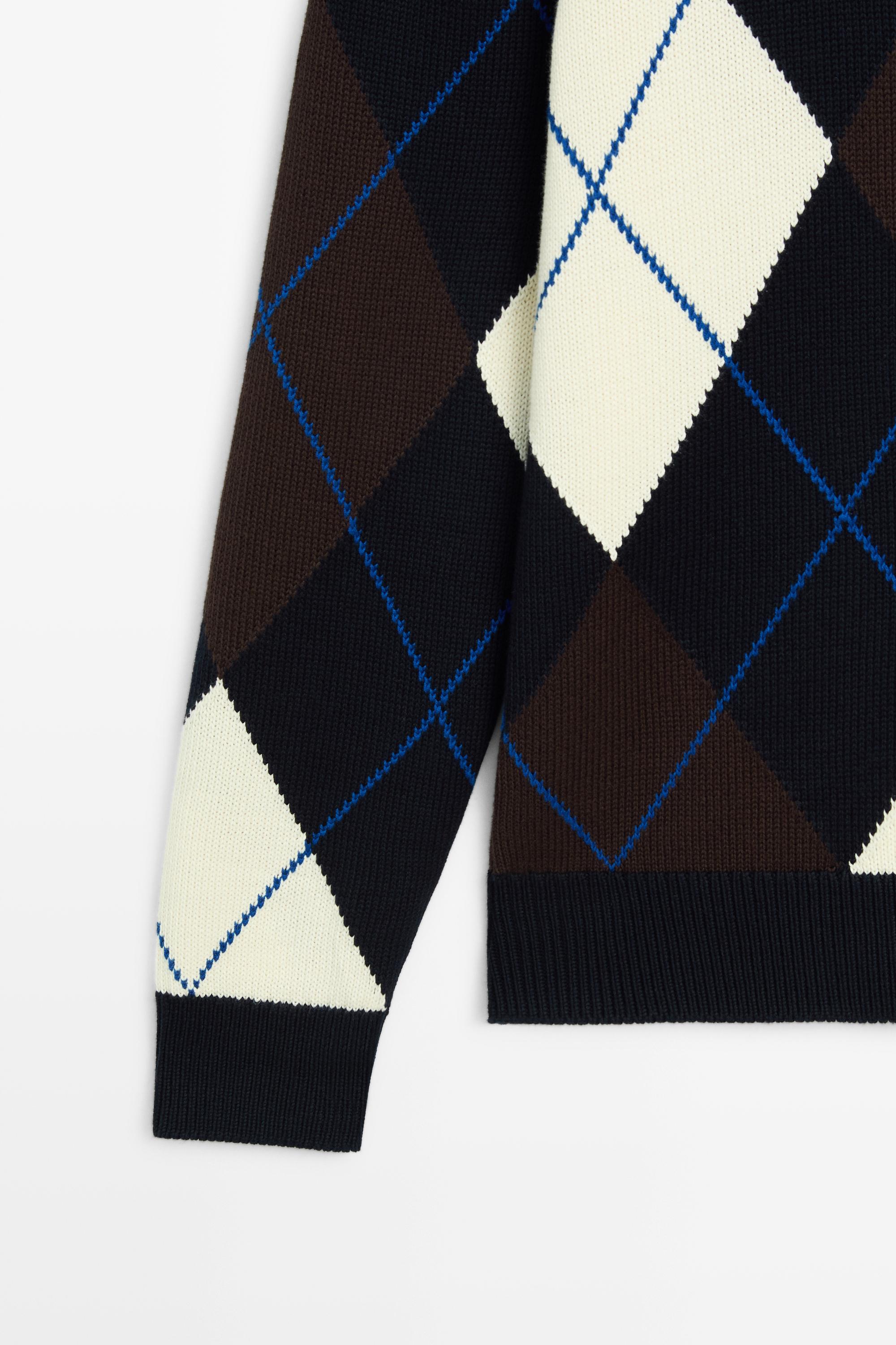 100% Cotton Argyle Knit Sweater — NAVY BLUE