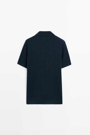 Ribbed knit cotton blend polo shirt — NAVY BLUE 6