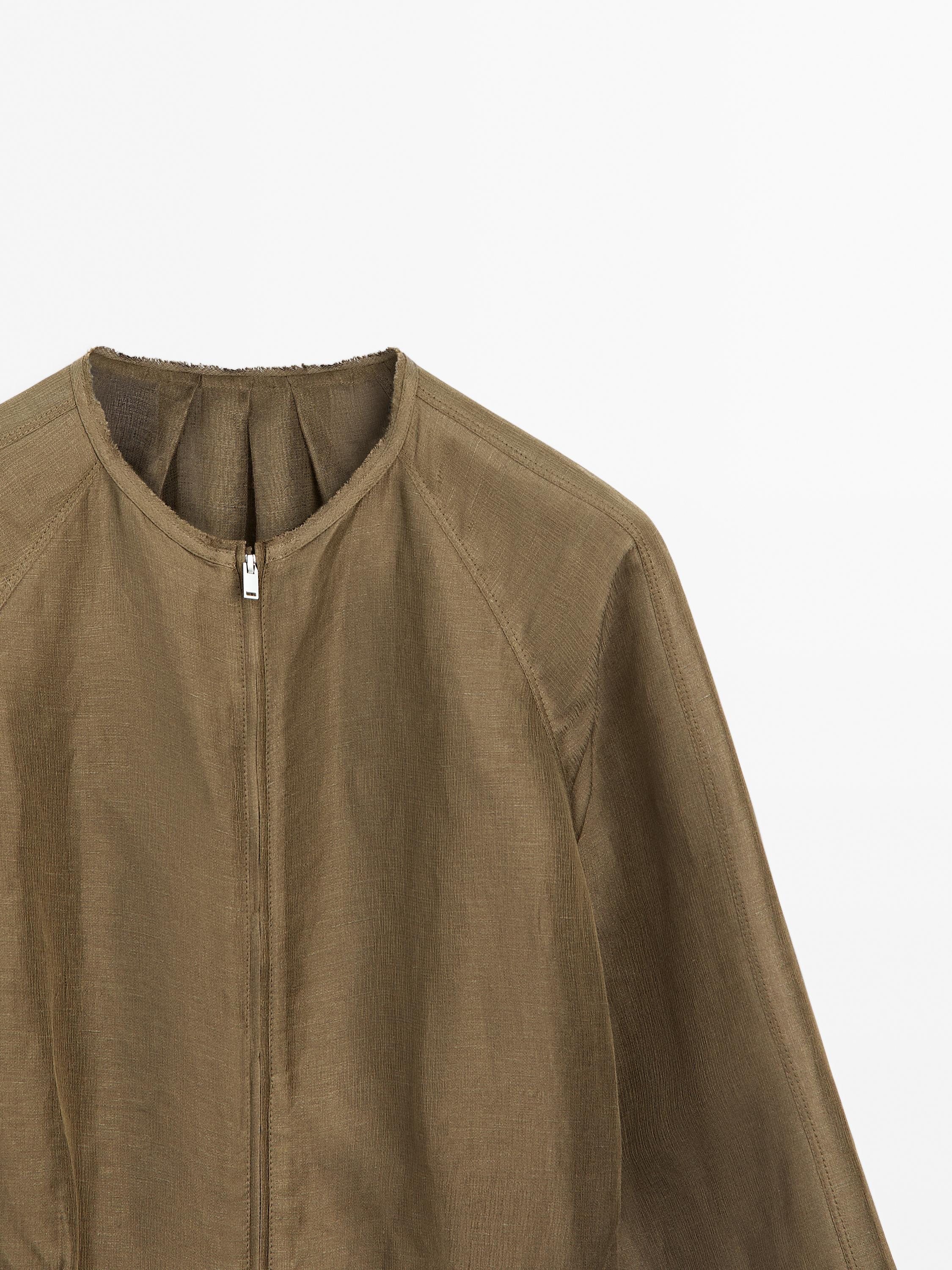 Frayed linen and silk bomber jacket · Beige, Sand Brown