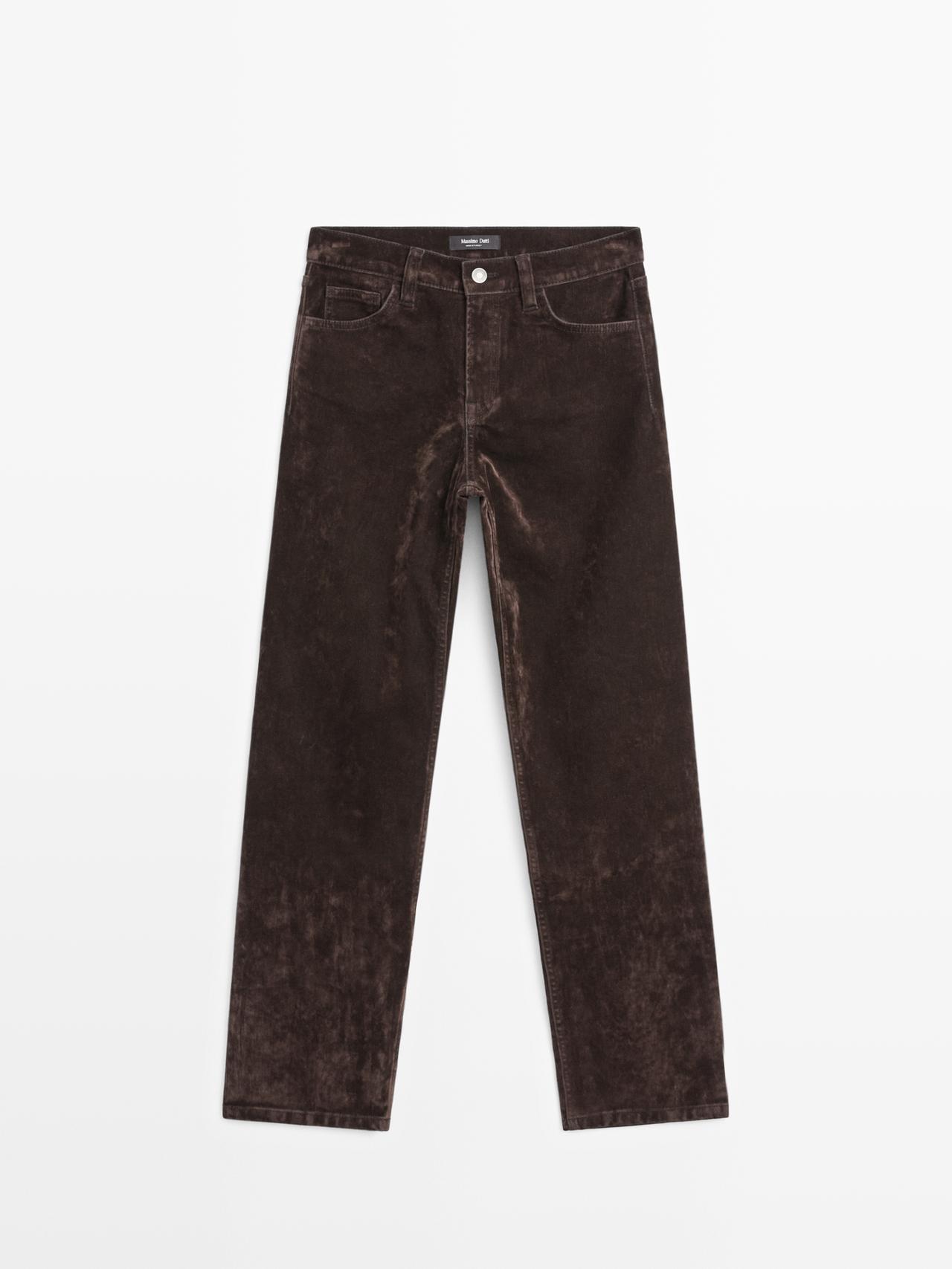 Massimo Dutti - Dame - Jeans Med Flock-Print Og Lige Ben I Mid Waist - Chokolade - 40