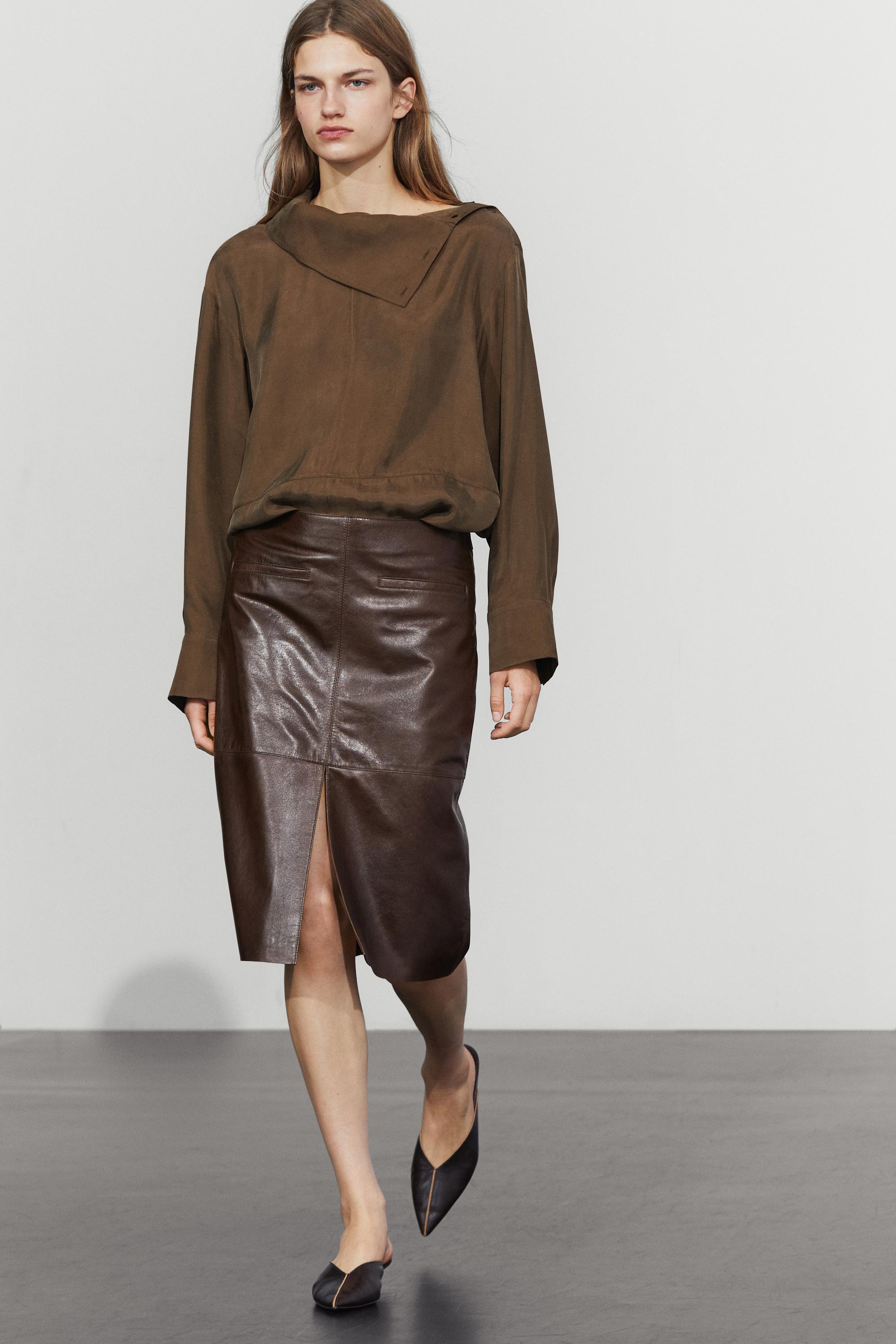 Leather midi skirt with pockets — Chocolate