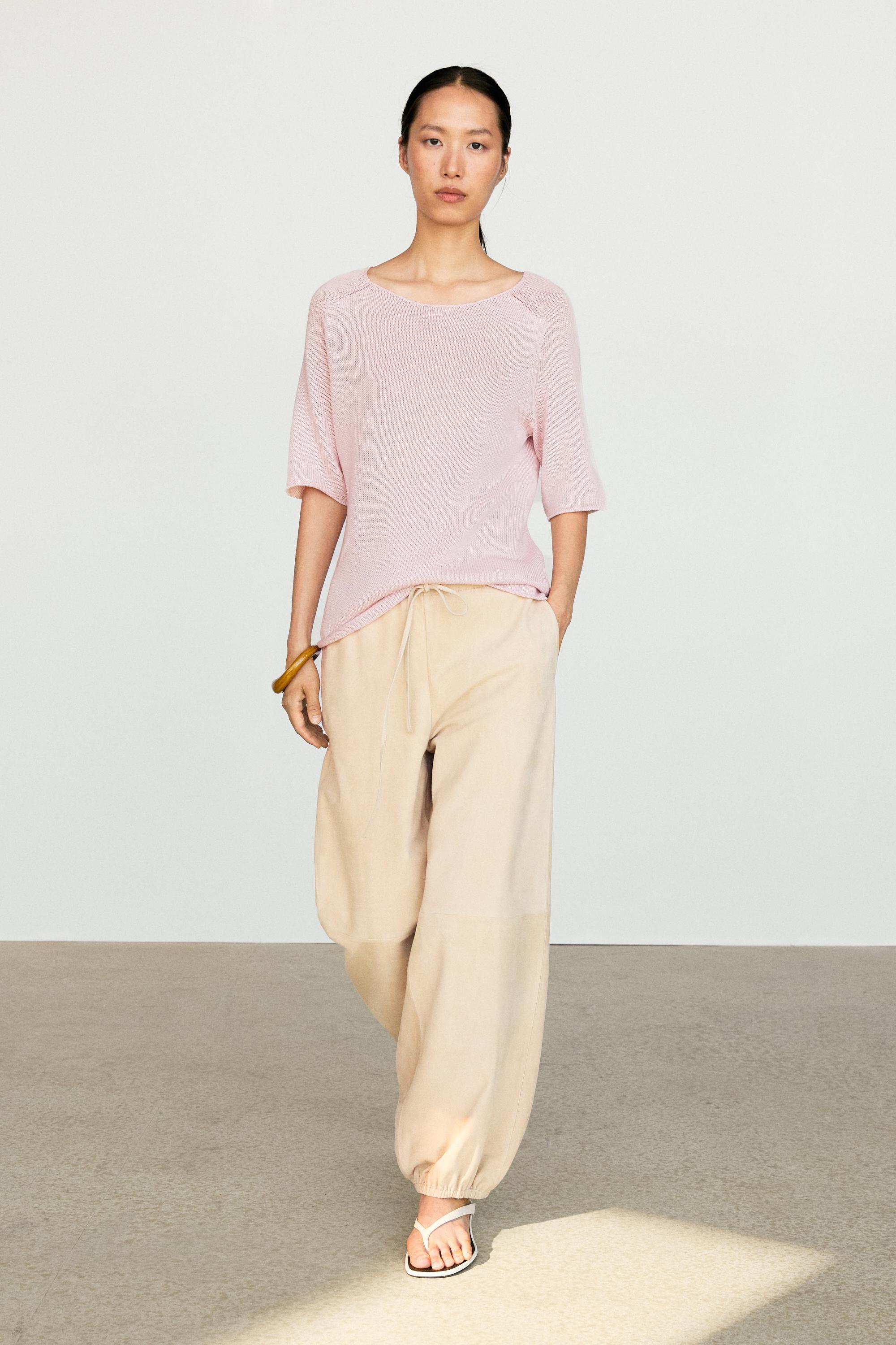 100% cotton boat neck knit sweater — PINK