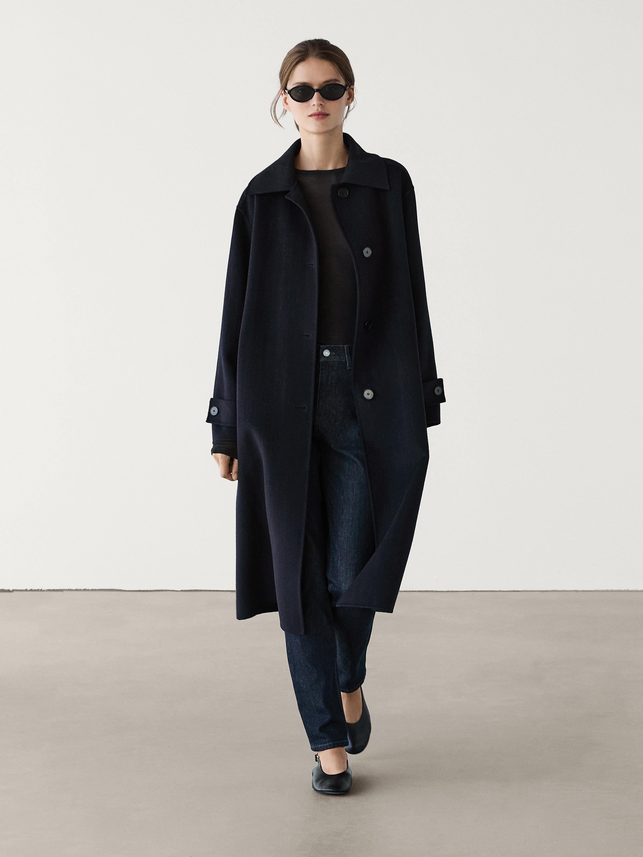 Long pinstripe wool blend coat Navy Blue Coats And Jackets Massimo Dutti