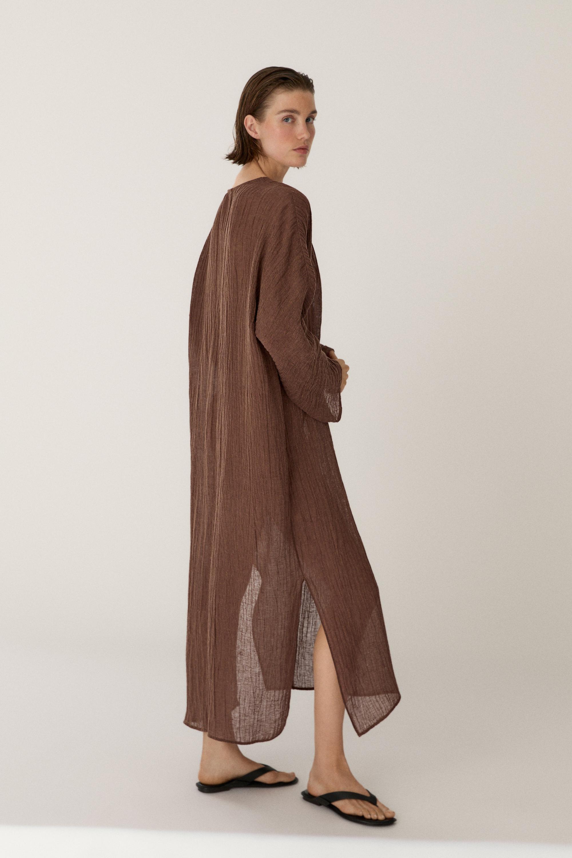 Linen blend kaftan dress with tied neckline — OCHRE