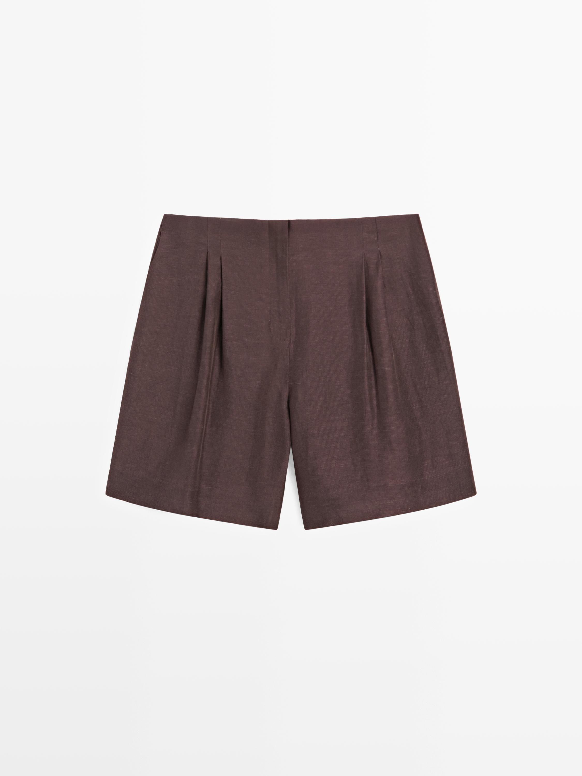 Short pleated linen blend Bermuda shorts