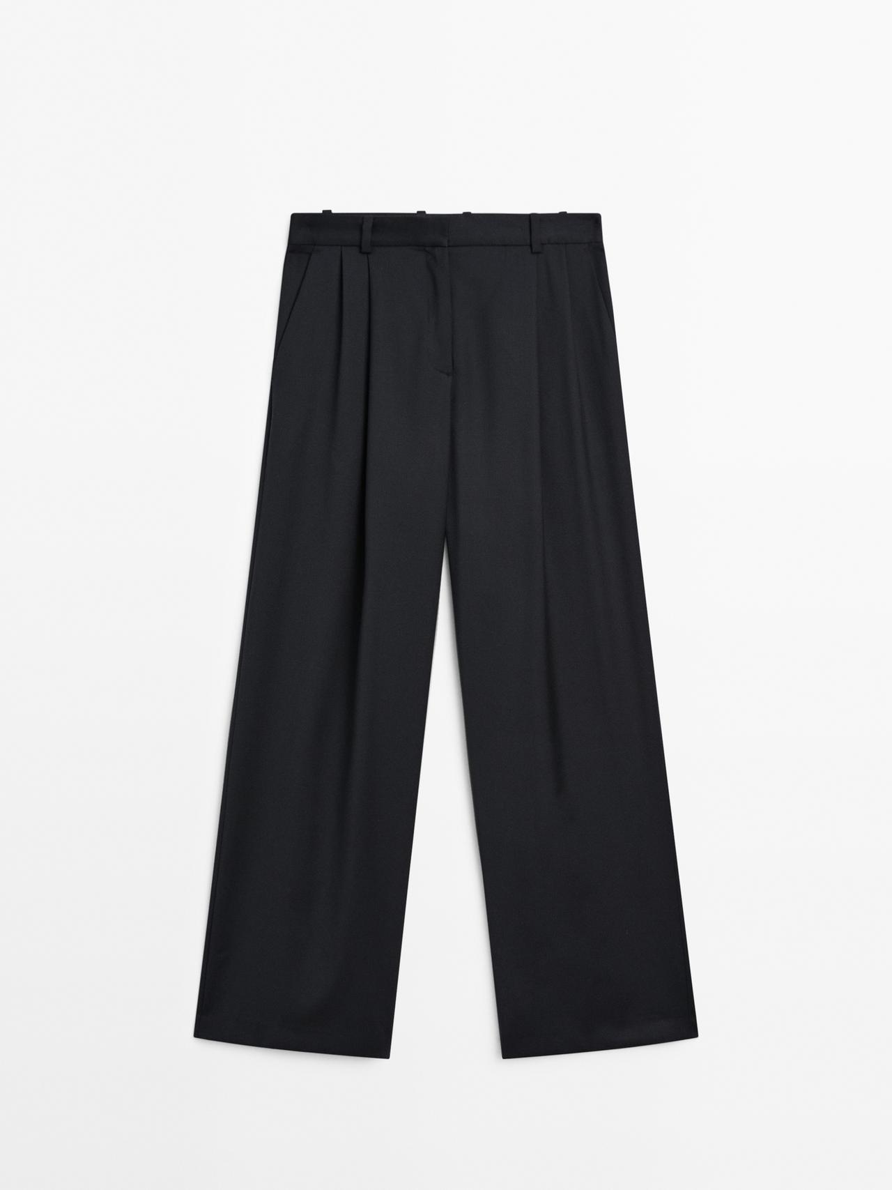 Massimo Dutti - Dame - Plisserede Bukser I 100% Ekstra Fint Uld - Marineblå - 44