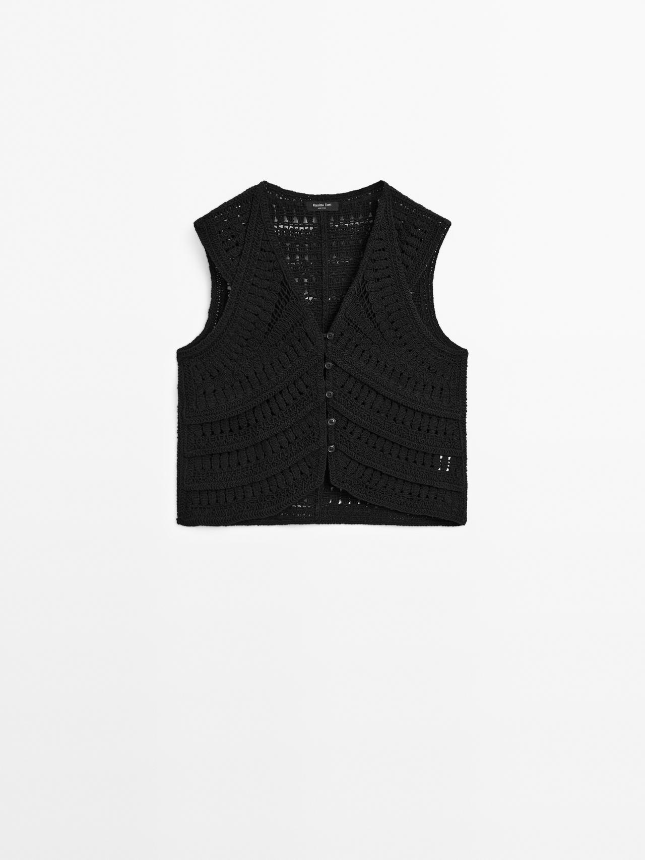 Massimo Dutti - Dame - Hæklet Strikvest Med Udsmykning - Sort - S