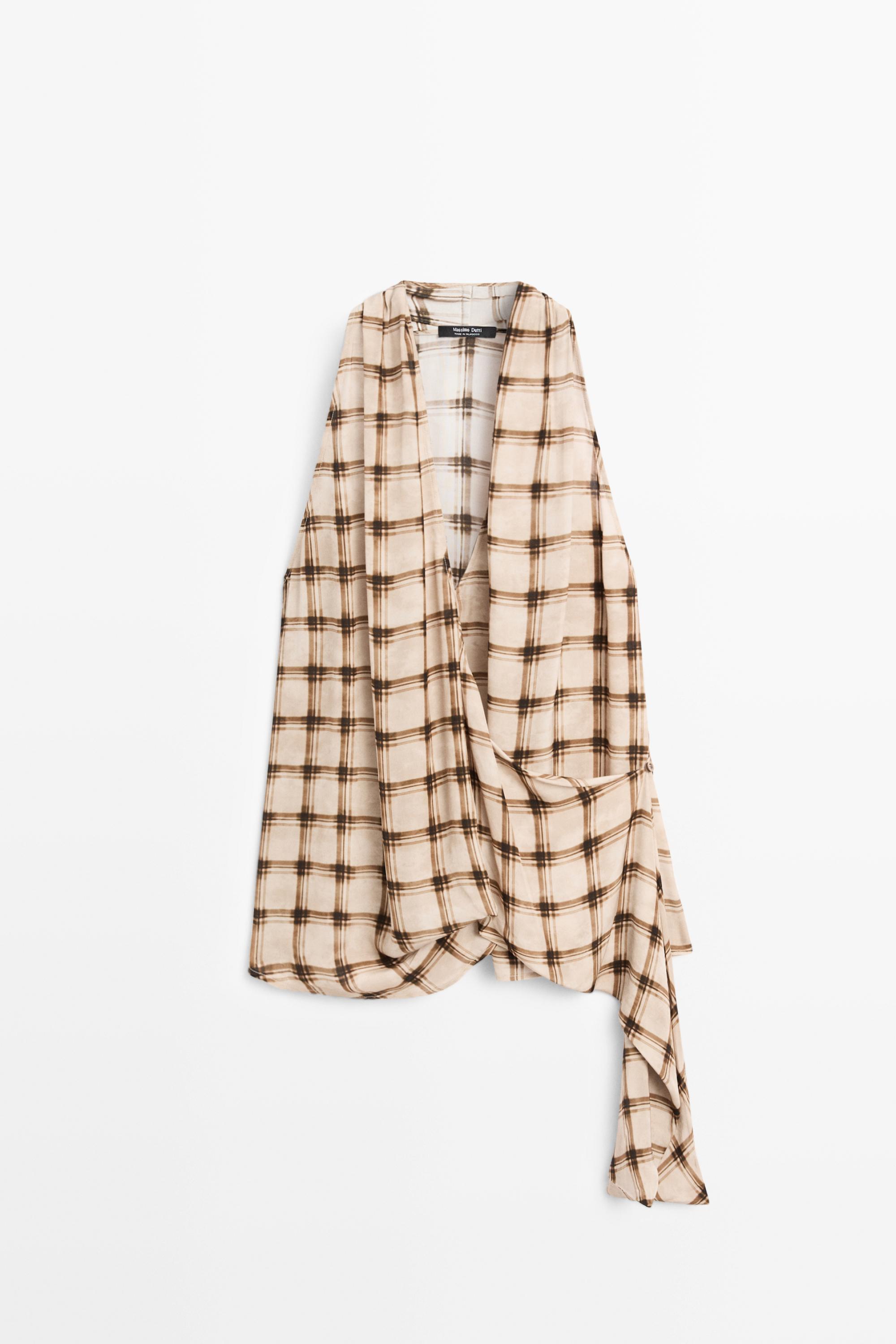 Flowing check print surplice top — BROWN