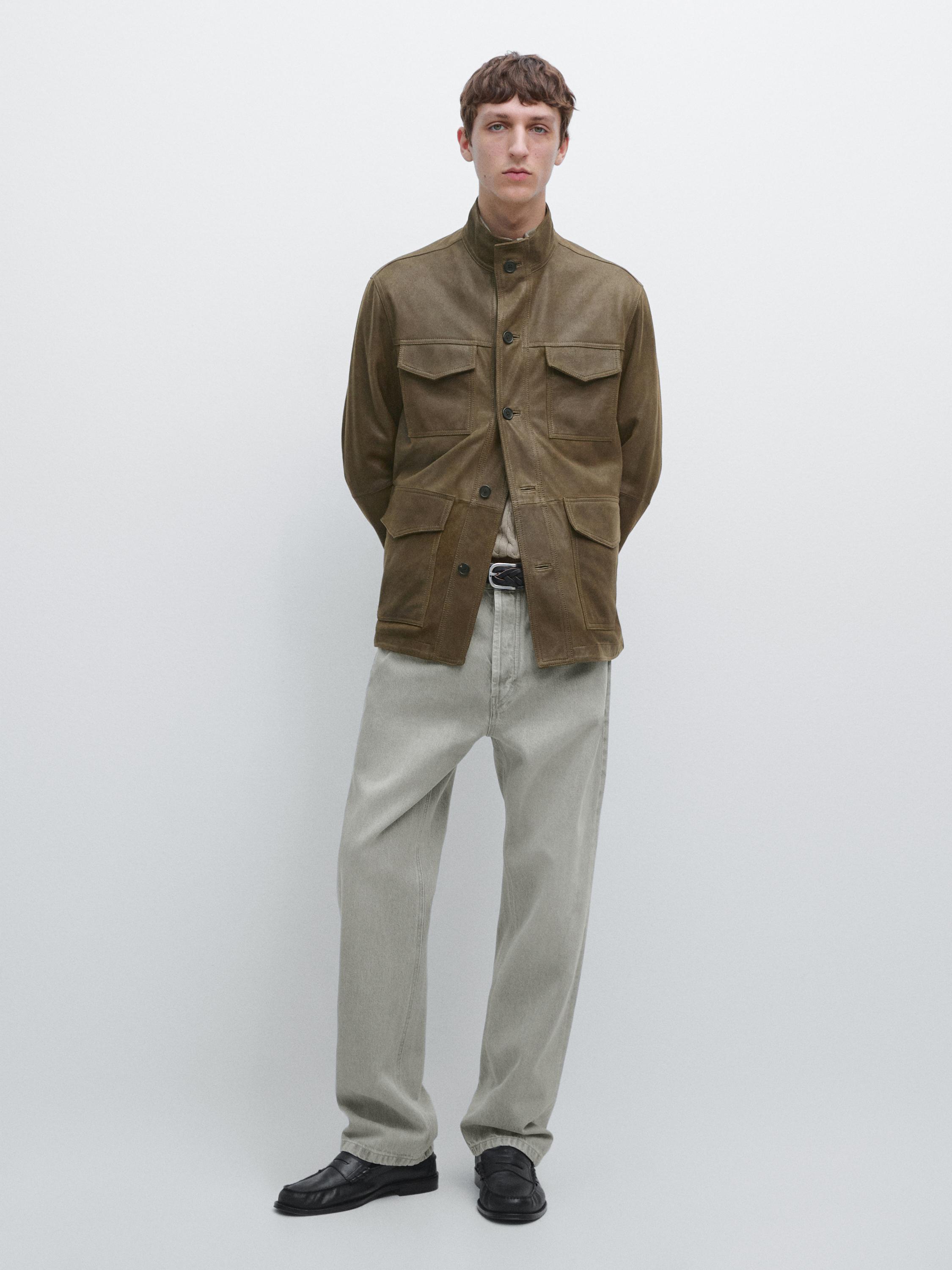 Distressed-effect goatskin leather jacket — KHAKI