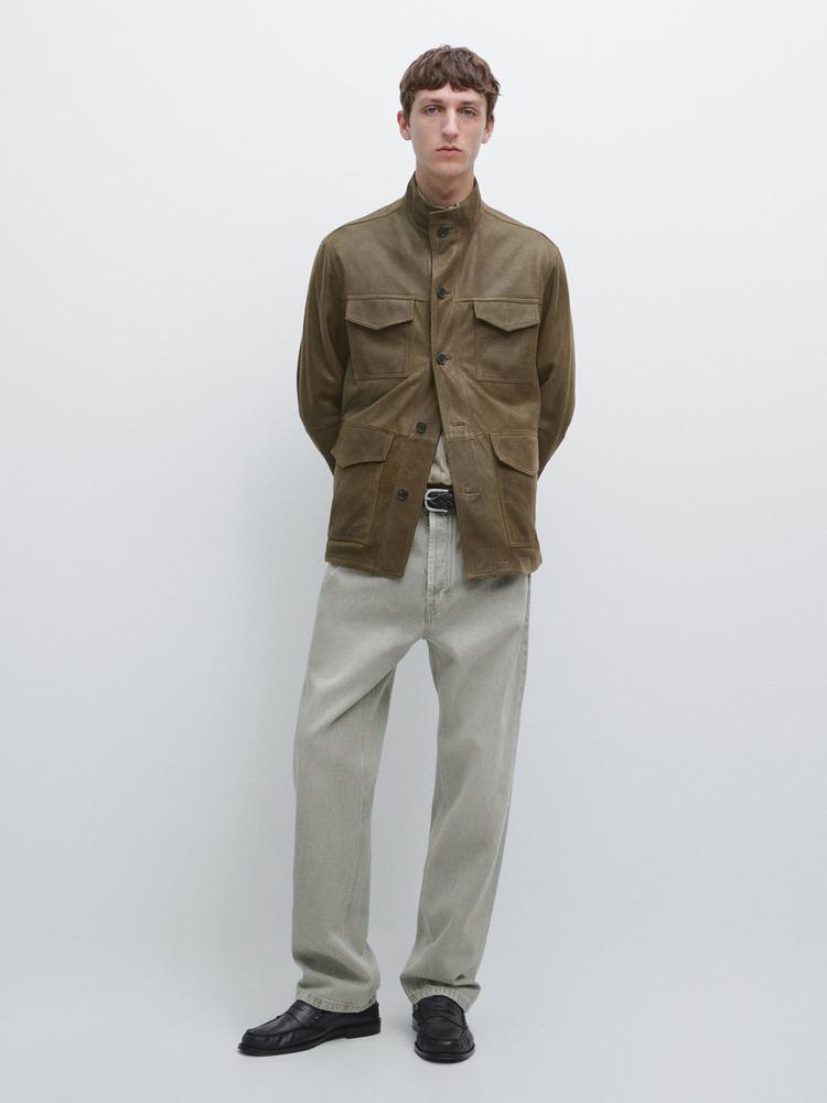 Distressed-effect goatskin leather jacket — KHAKI