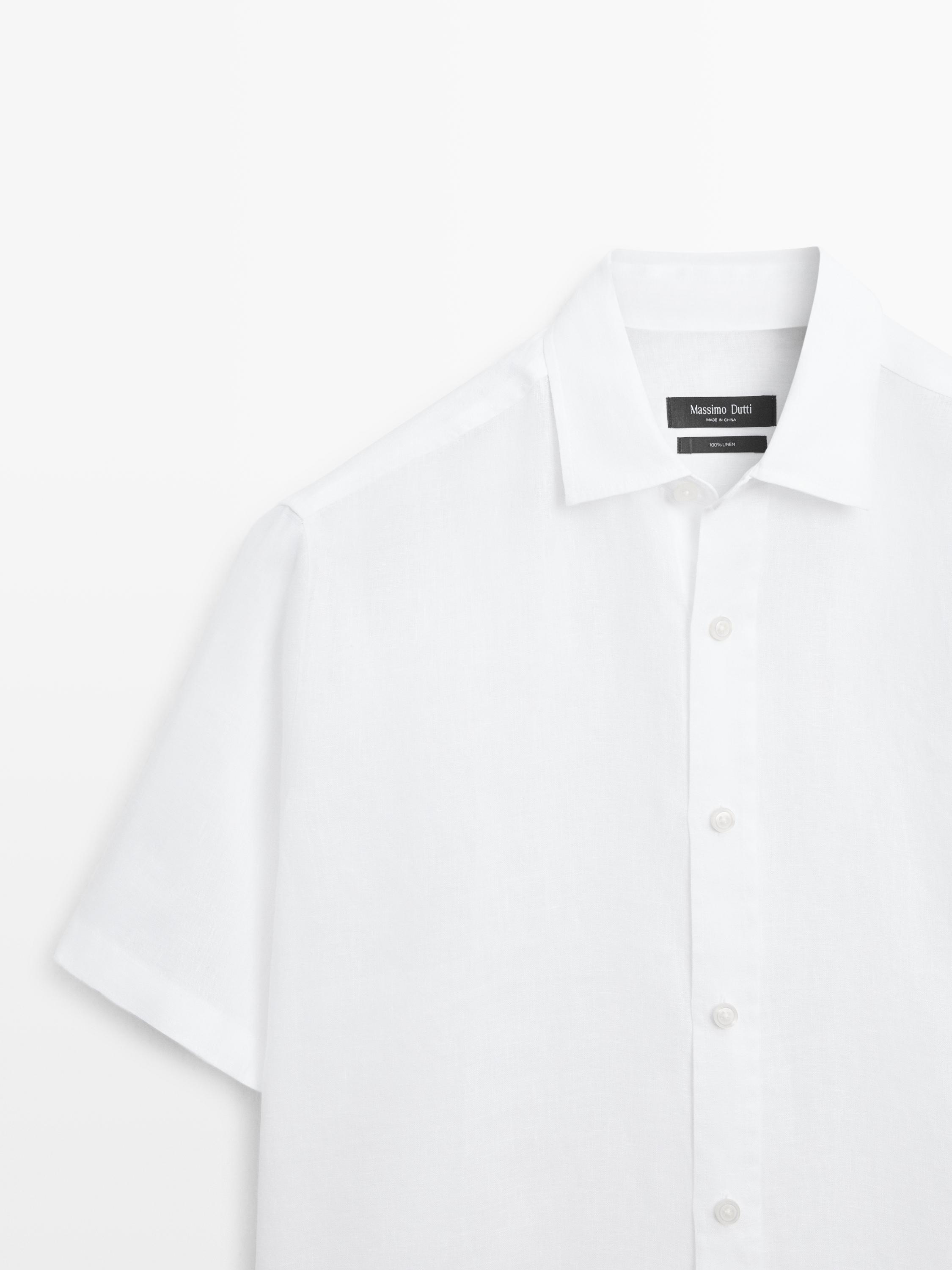 100% linen regular fit short sleeve shirt — WHITE