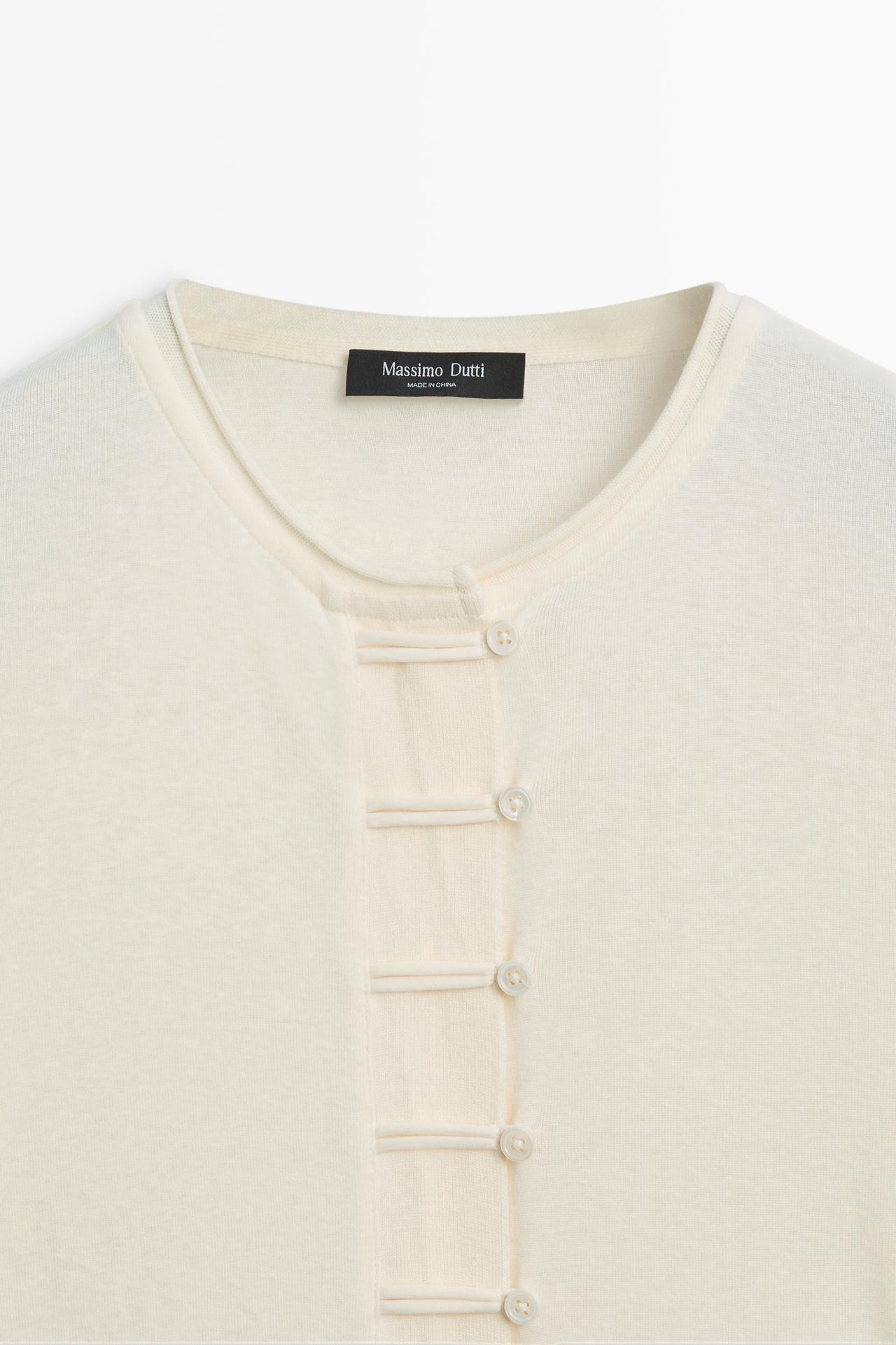 Cotton blend T-shirt with button detail — CREAM
