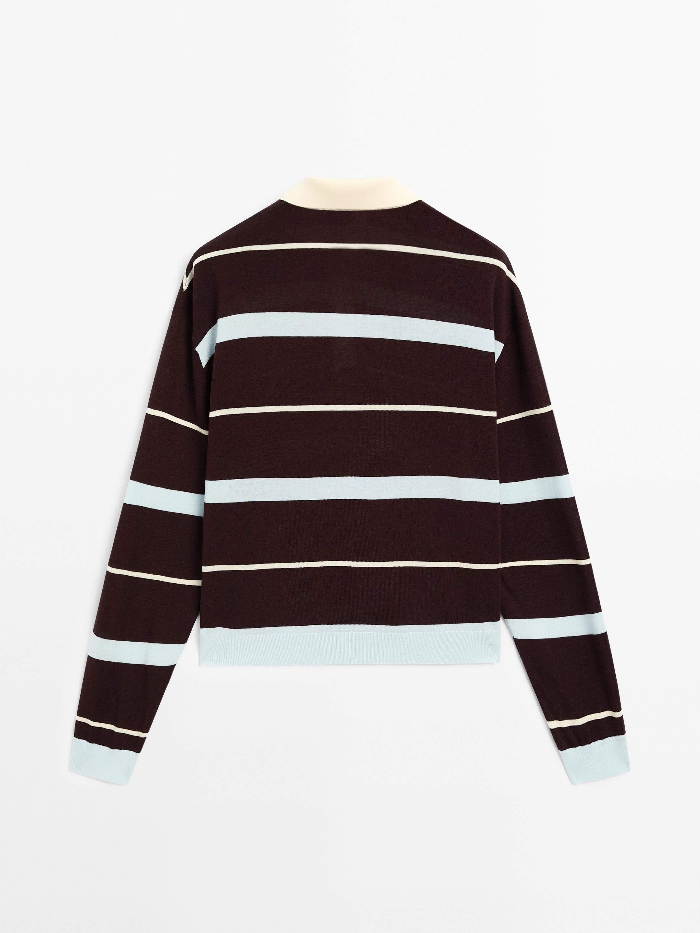 Striped knit sweater with polo collar