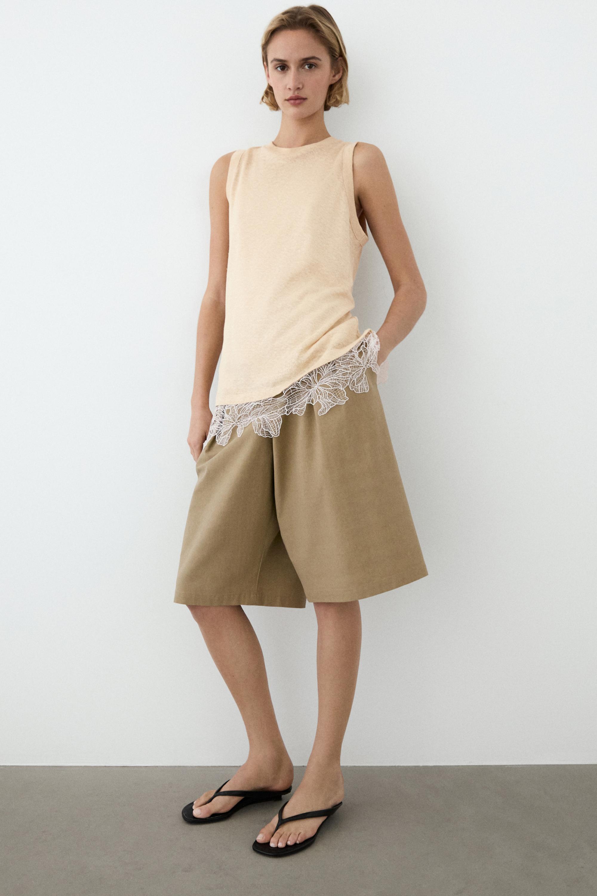 Melange linen suit Bermuda shorts — CAMEL