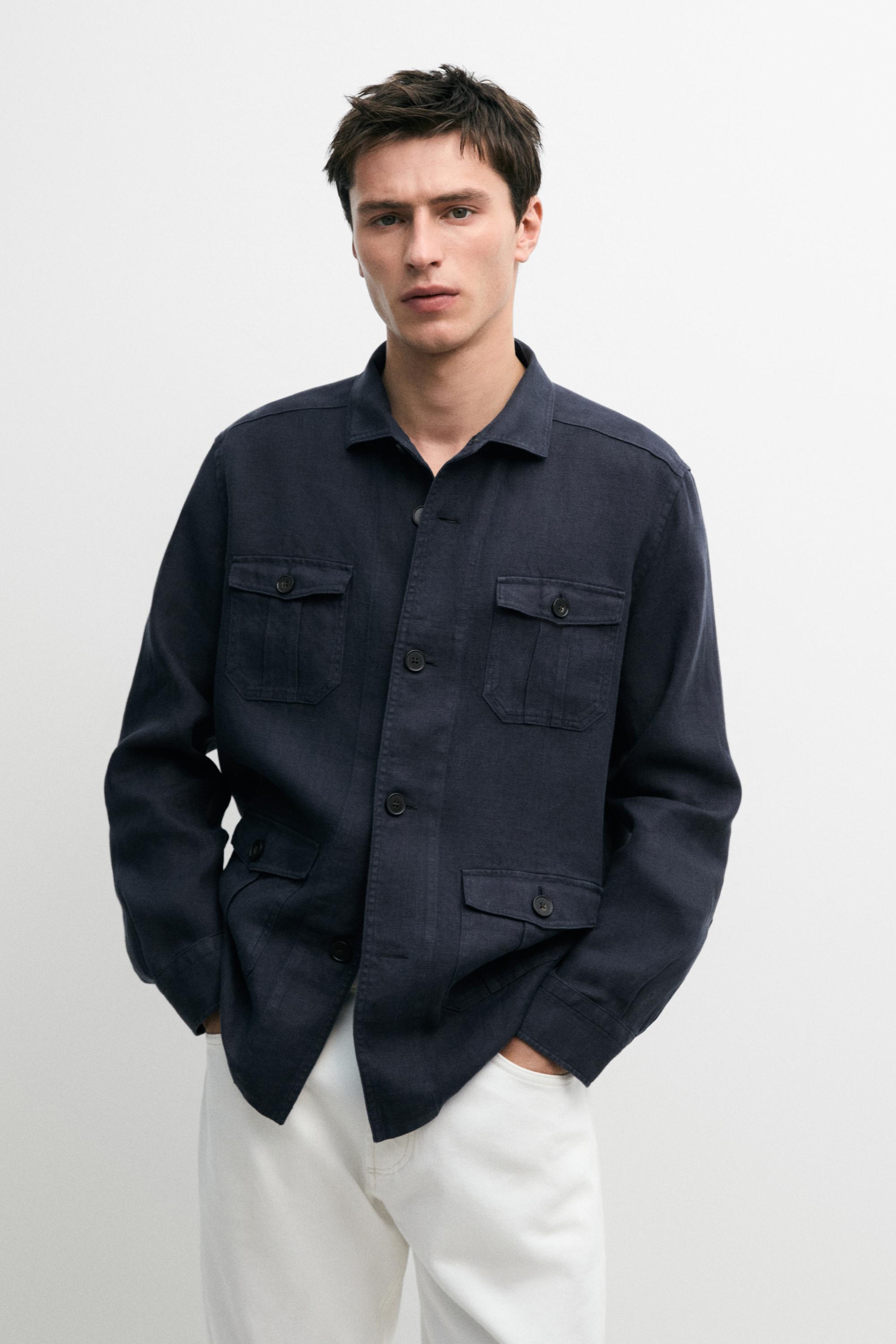 Heavy linen overshirt with pocket details — NAVY BLUE