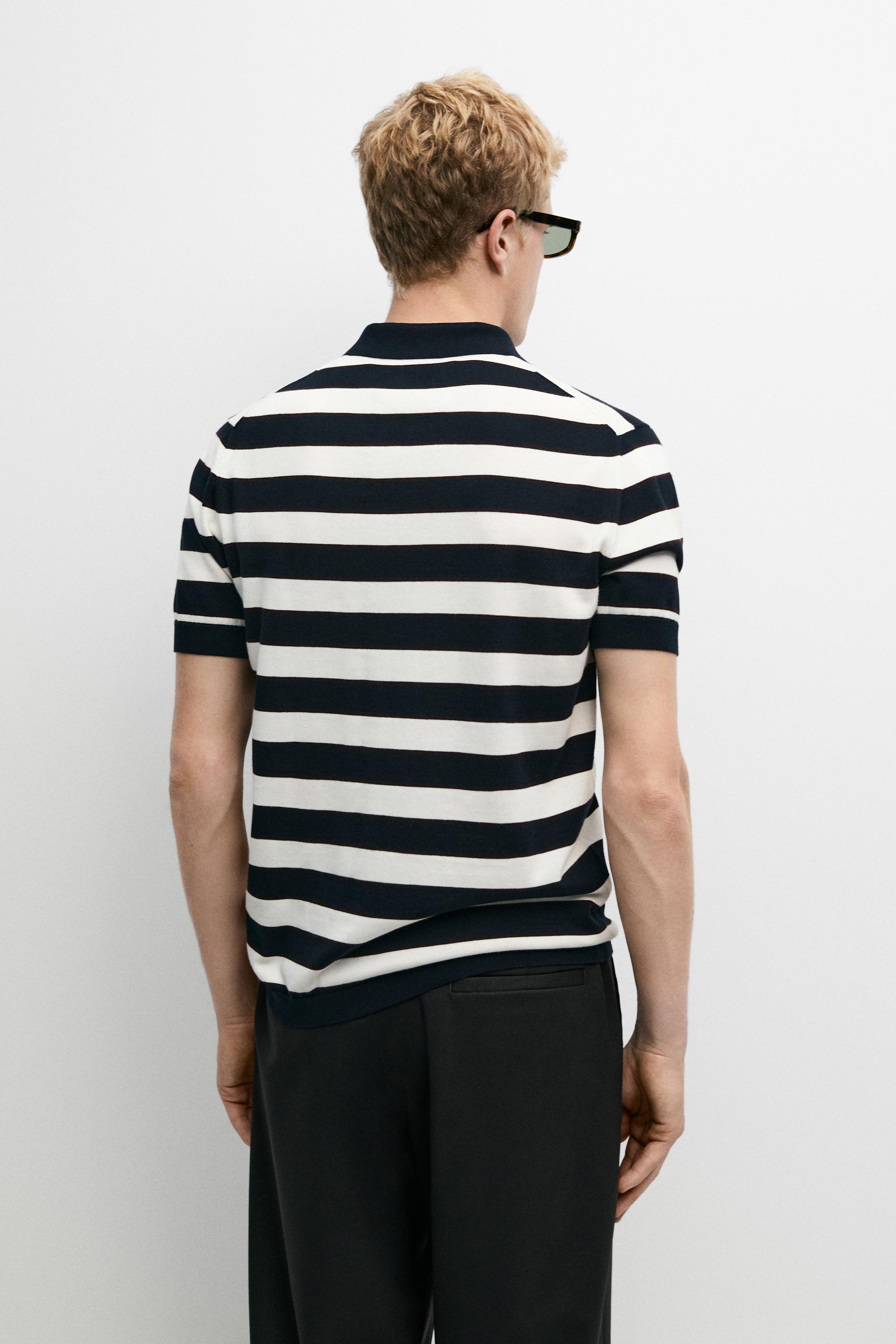 100% cotton striped knit polo shirt — NAVY BLUE