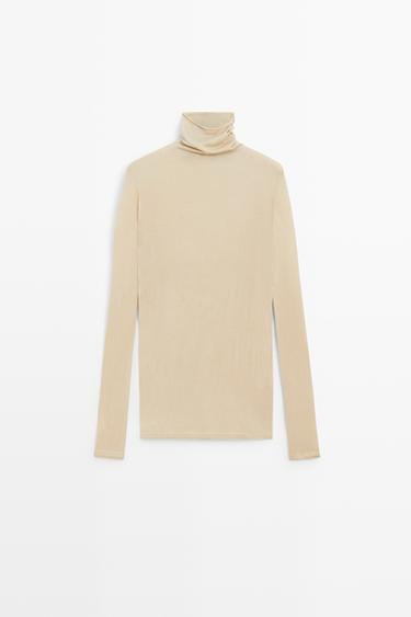 Long 100% silk turtleneck sweater — Light Beige 2
