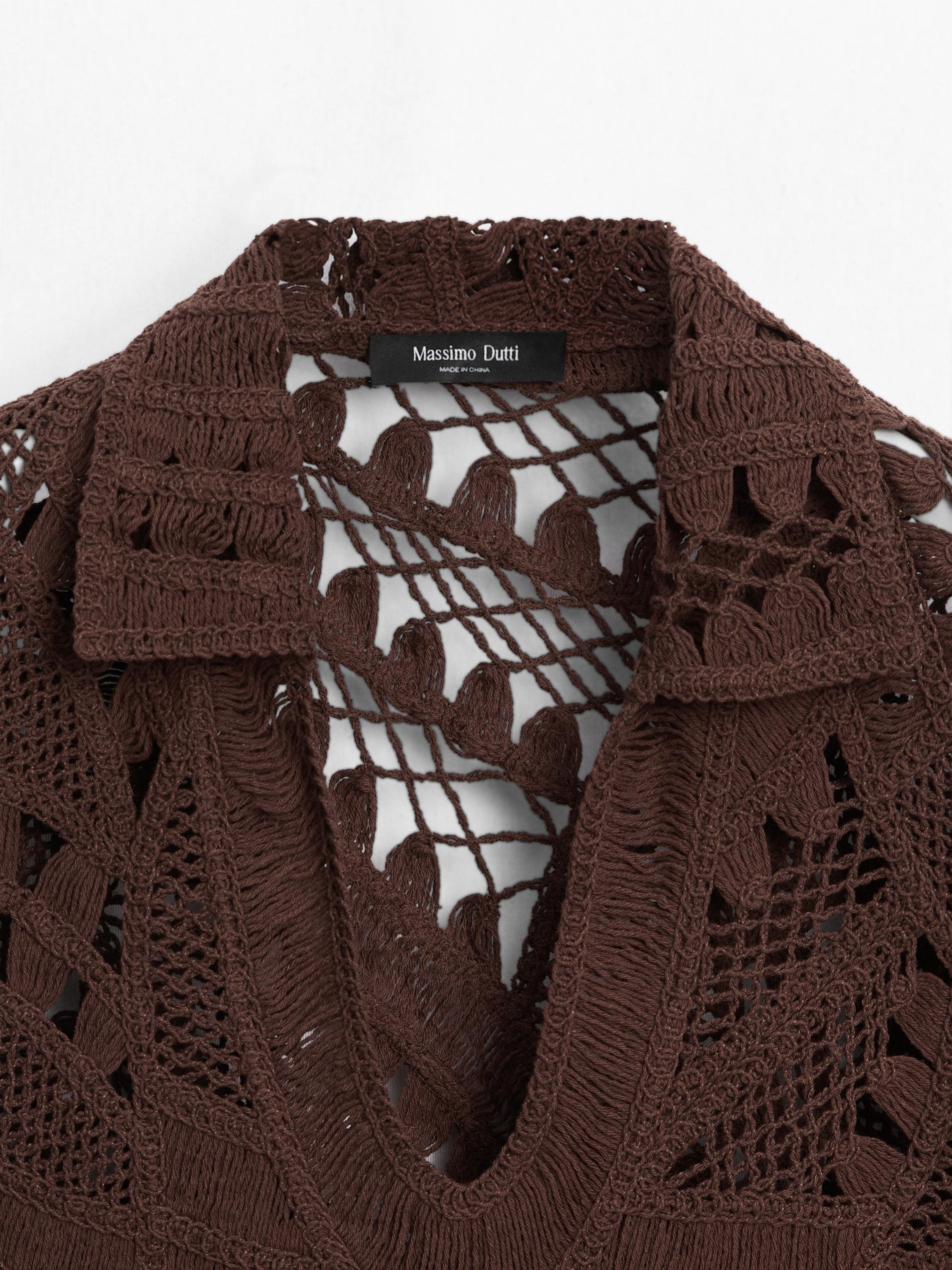 Cotton blend crochet polo T-shirt — BROWN