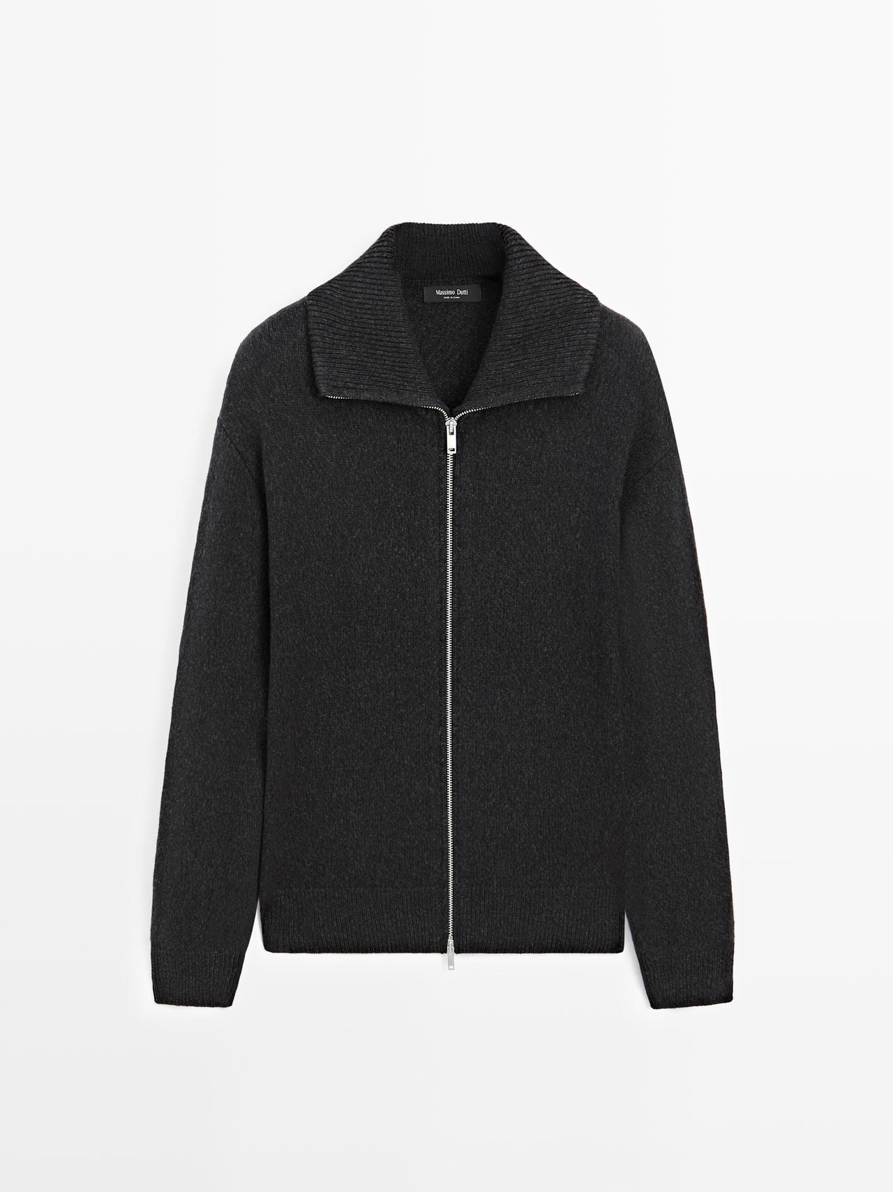 Massimo Dutti - Herre - Strikket Cardigan I Uldblanding Med Høj Hals - Mørk Grå - M