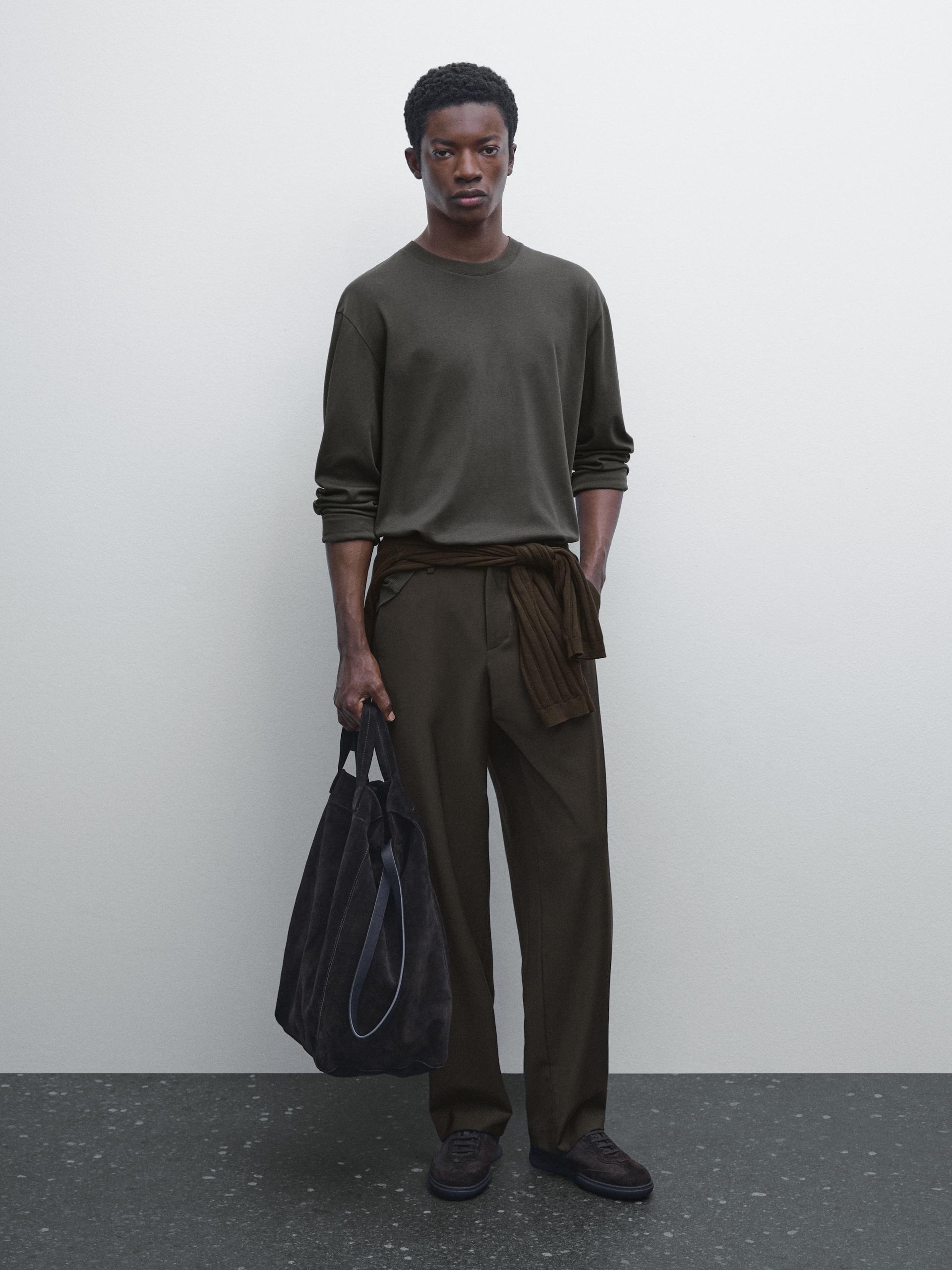 Bawełniana Koszulka Średniej Wagi Z Długim Rękawem - Khaki - S - Massimo Dutti - Mężczyzna