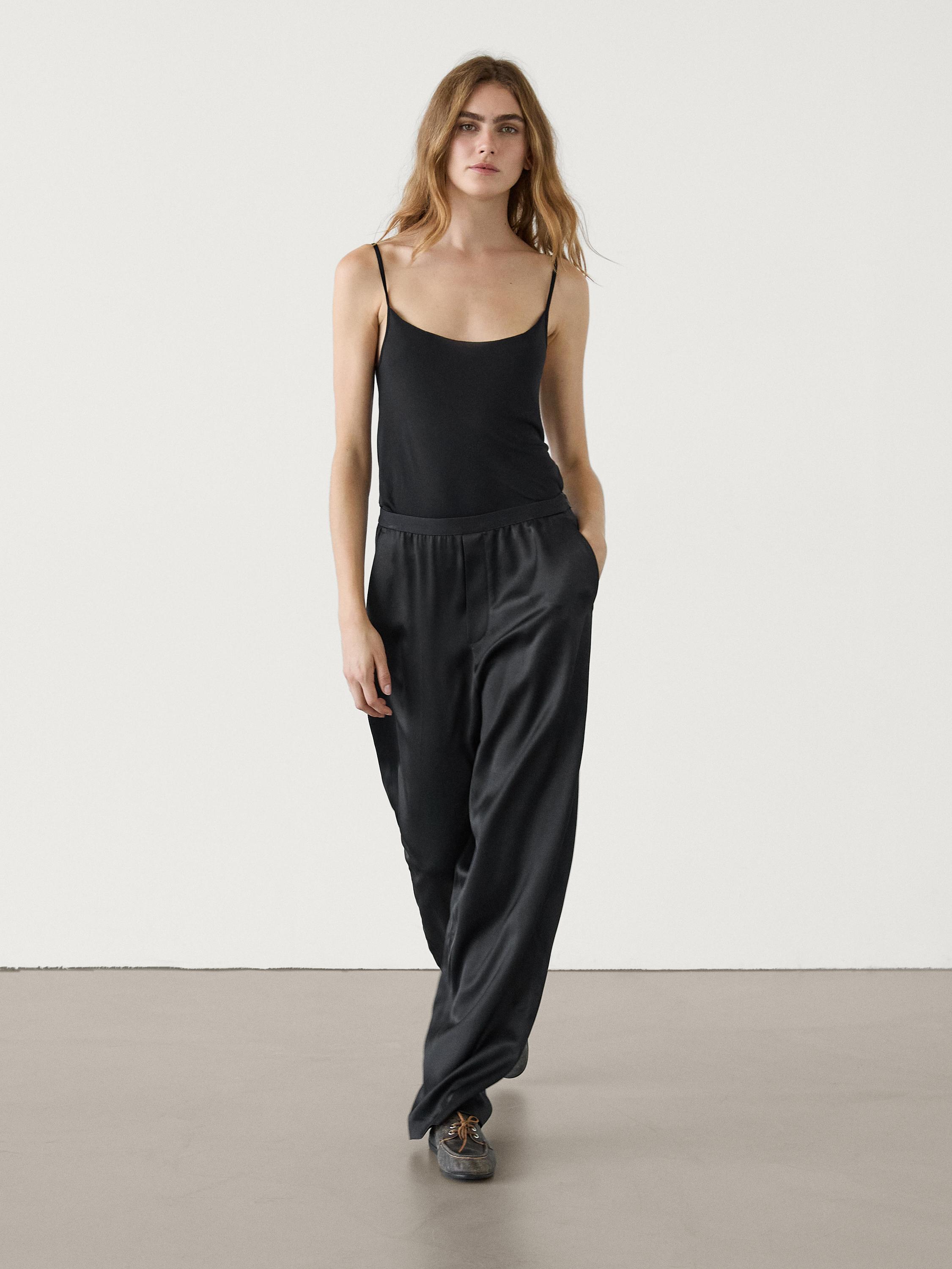 Straight-leg satin trousers with an elastic waistband