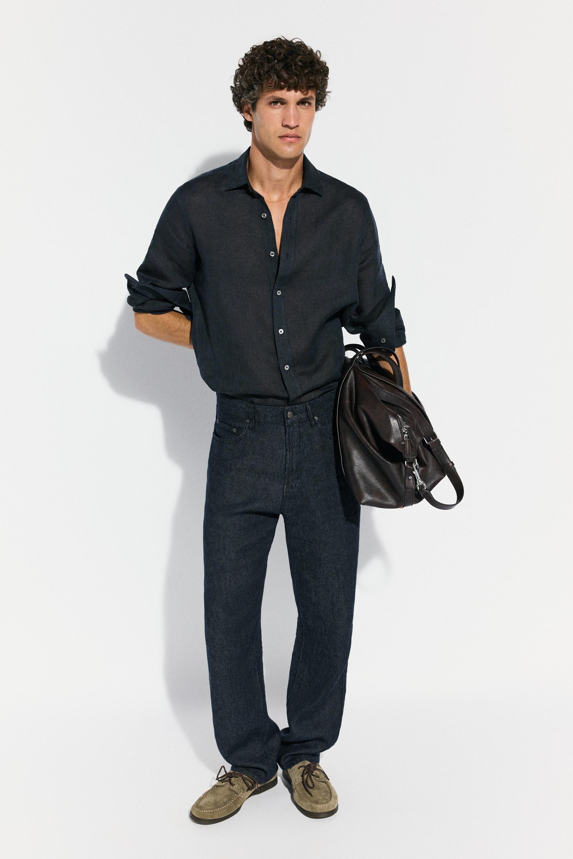 Regular fit 100% linen shirt — NAVY BLUE