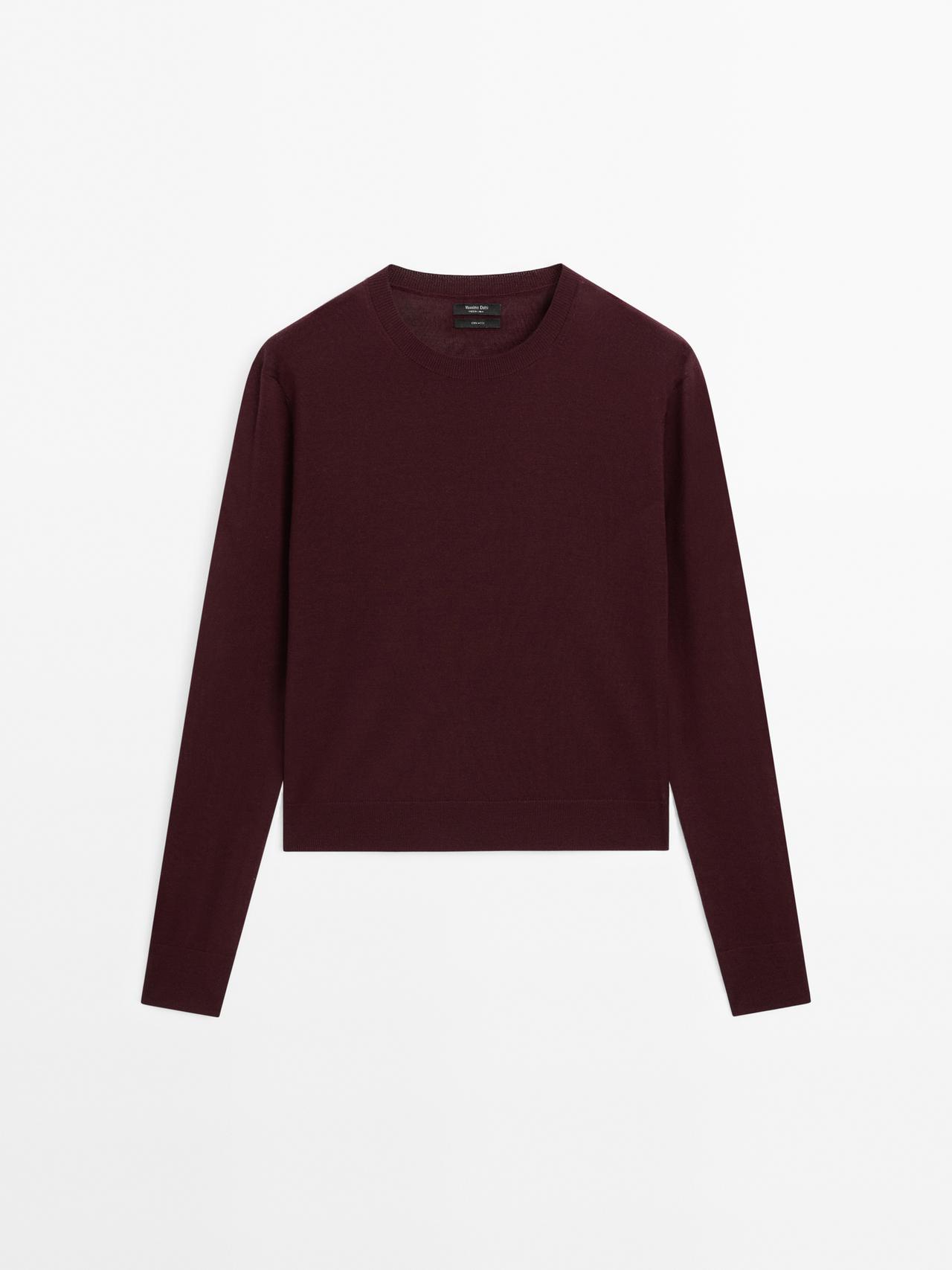 Massimo Dutti - Dame - Striktrøje I Uldblanding Med Rund Hals - Granatrød - Xs