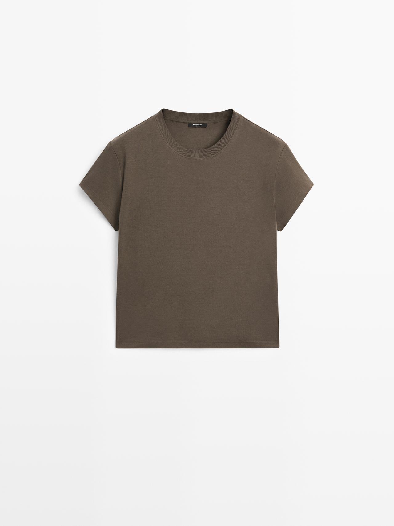 Massimo Dutti - Dame - Kort T-Shirt Med Ribkanter I Kontrast - Mulvarpegrå - L
