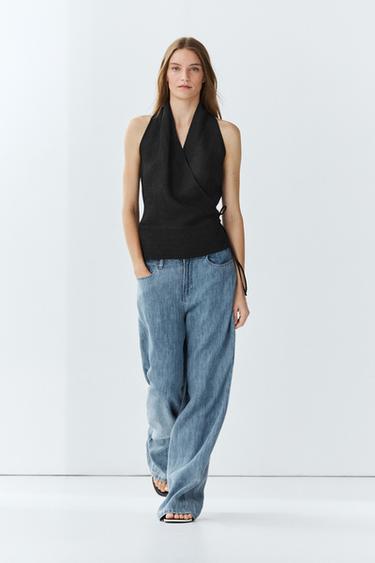 100% linen crossover halter top — PASTEL BLUE 1