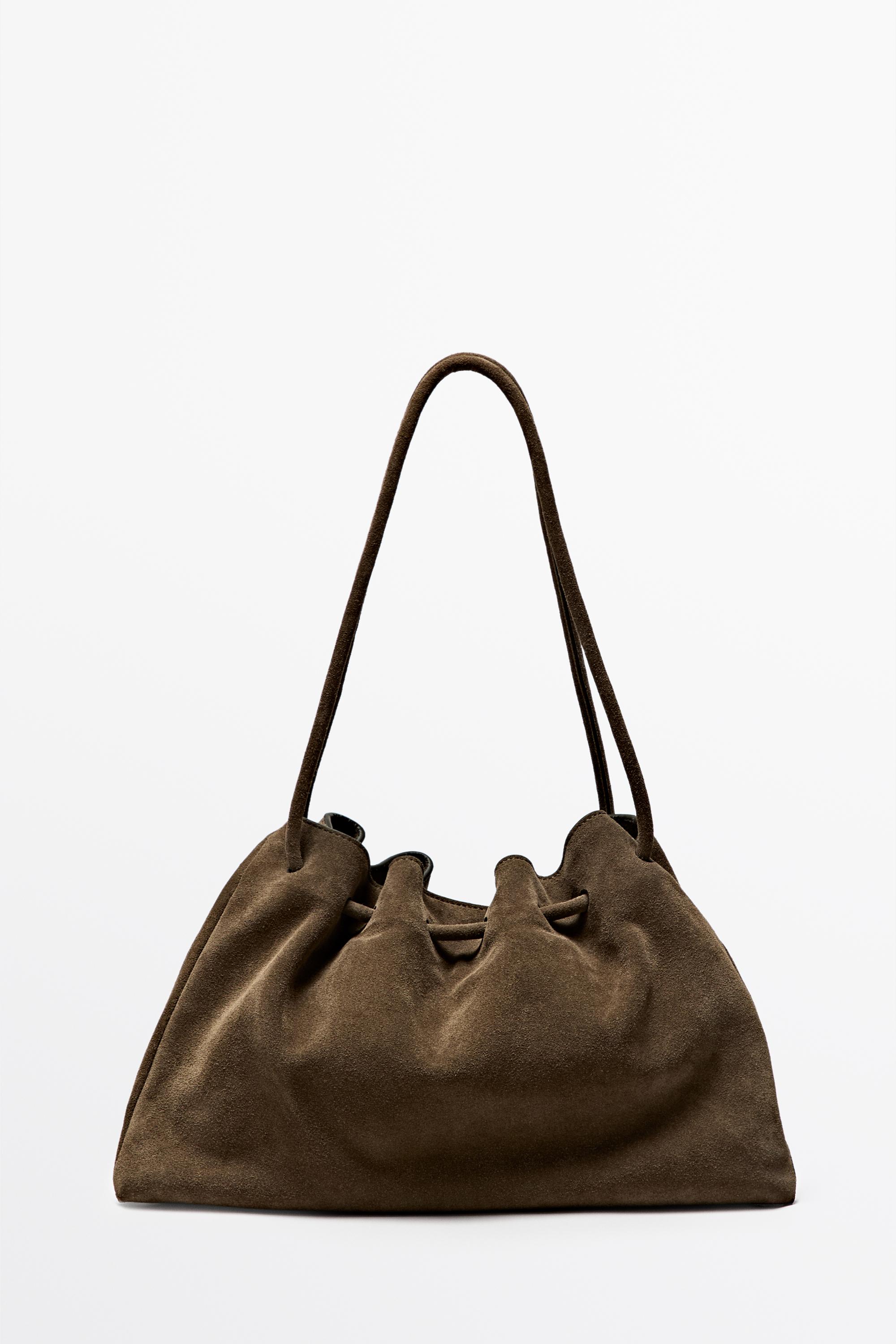 Ruched split suede leather bag — MOLE BROWN