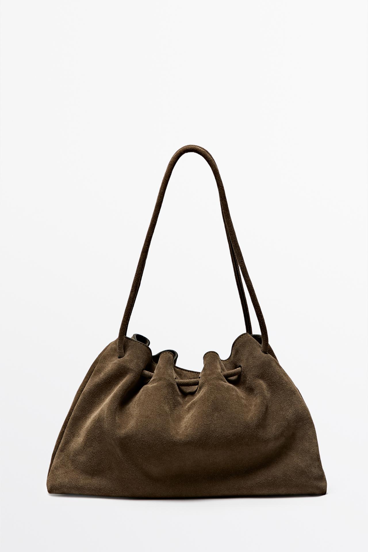 Medium gathered split suede leather bag — MOLE BROWN