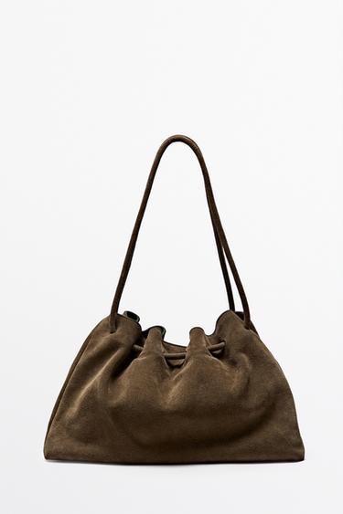 Medium gathered split suede leather bag — MOLE BROWN 2