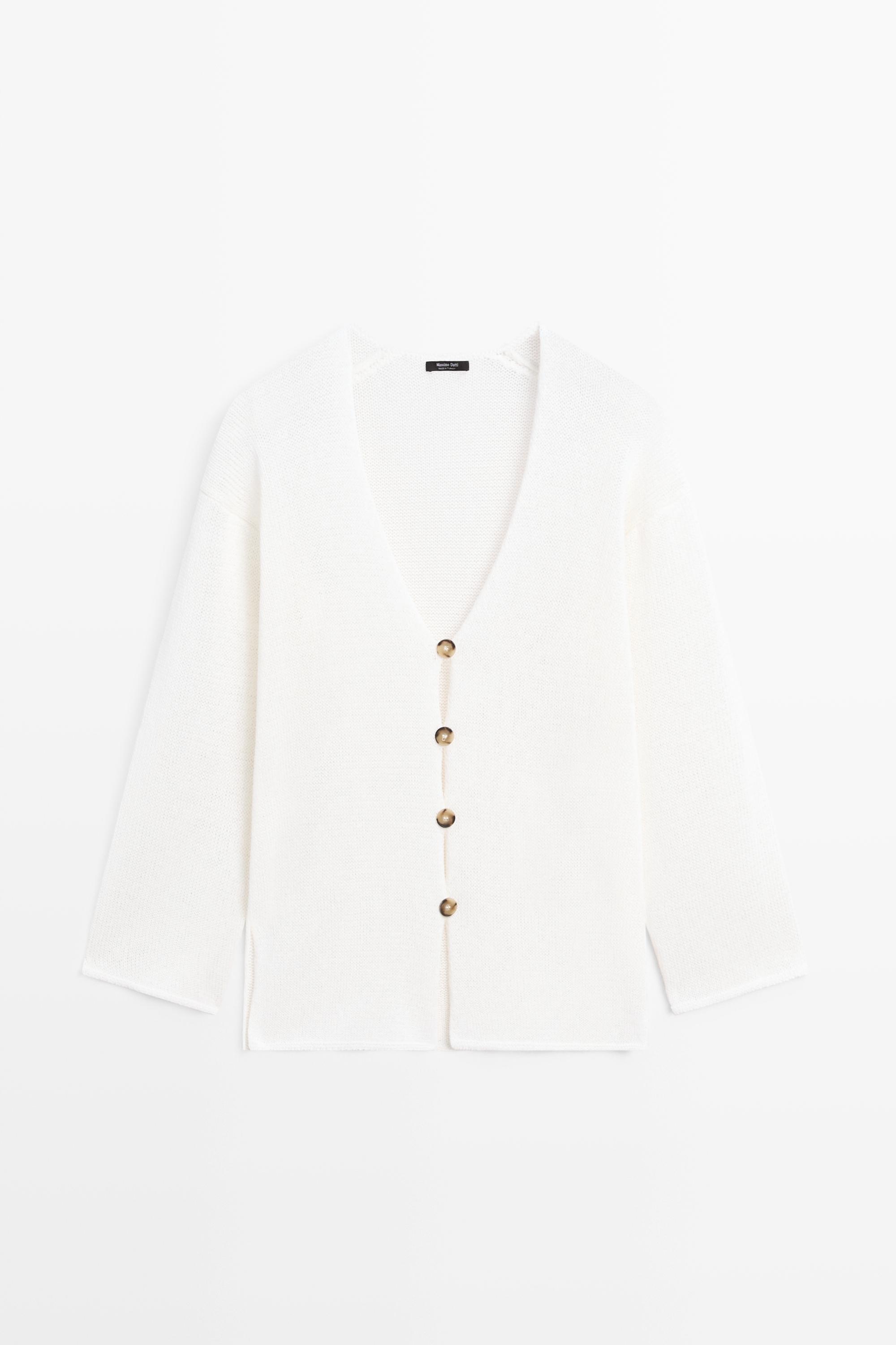 كارديغان طويل محاك بفتحة صدر على شكل V