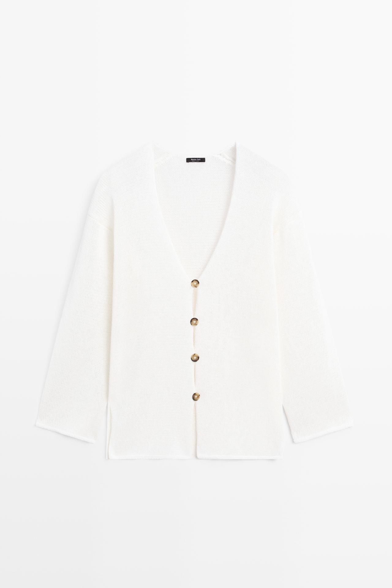 Long knit V-neck cardigan — WHITE