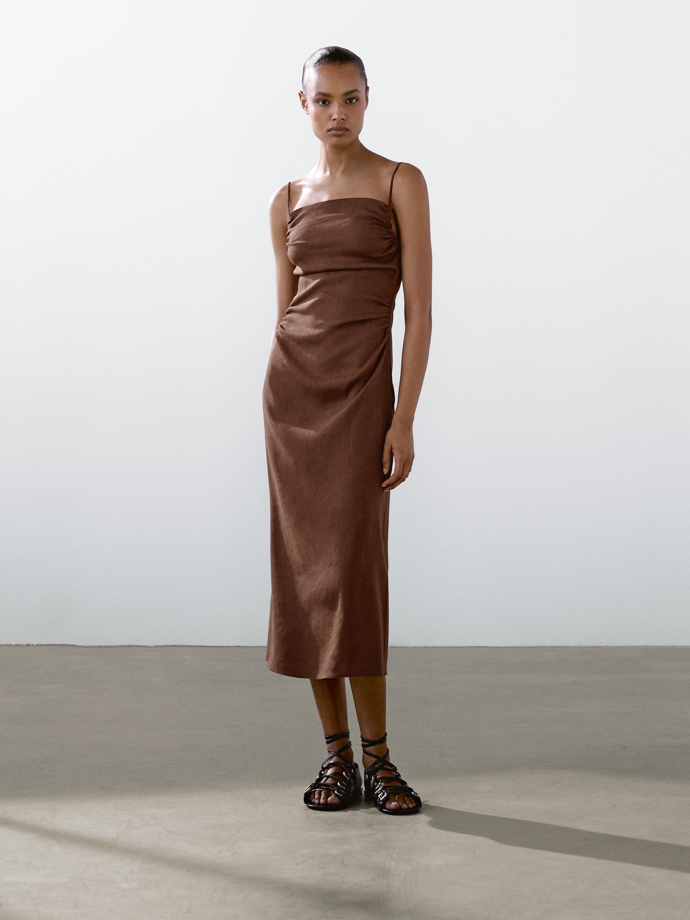 Gathered linen blend midi dress